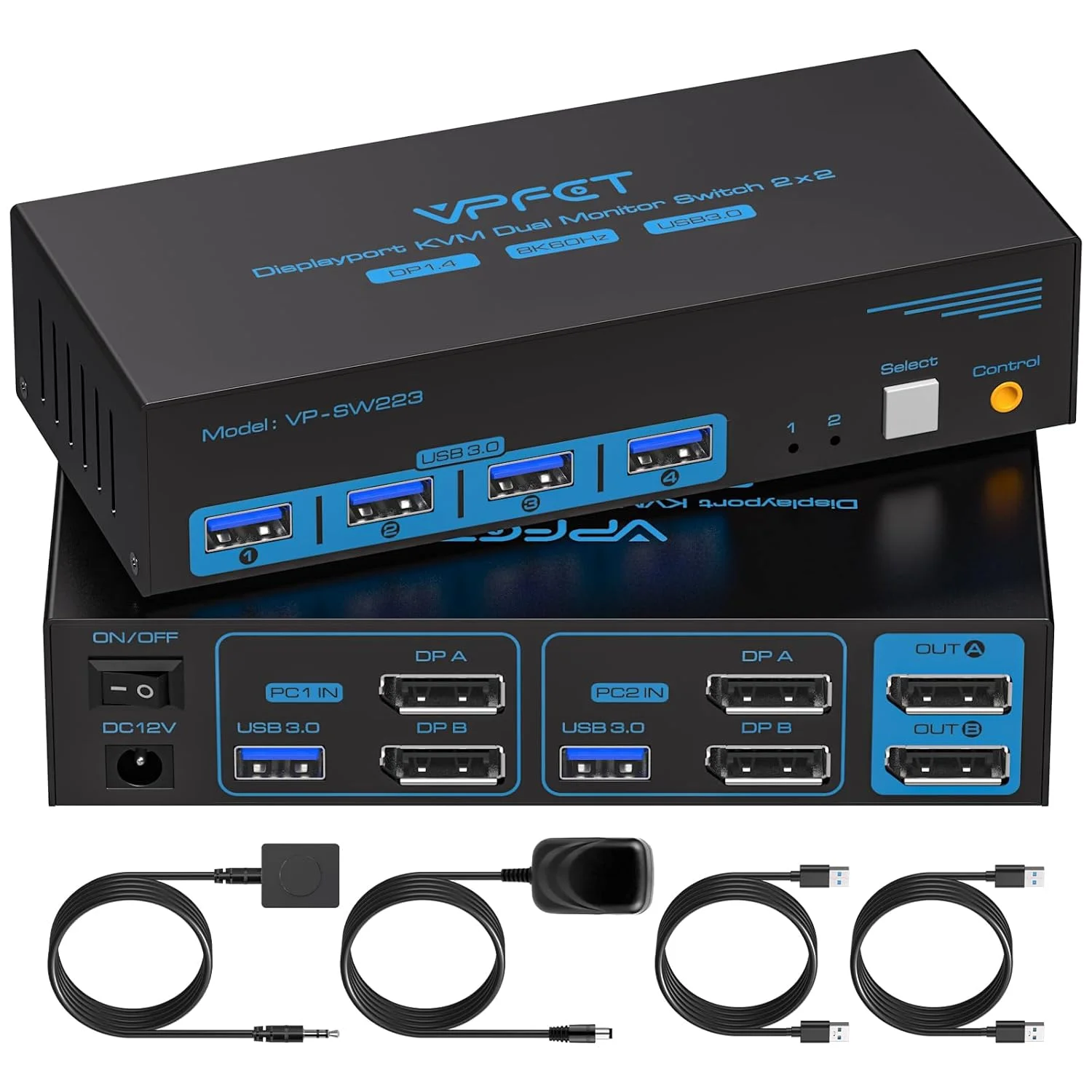 سوئیچ KVM دیسپلی پورت 8K@60Hz، دو مانیتور، دو کامپیوتر، پورت نمایشگر 4K@120Hz USB3.0، سوئیچ KVM دو مانیتوره برای اشتراک‌گذاری 2 صفحه نمایش و 1 مجموعه کیبورد، ماوس، پرینتر و یو دیسک با 2 کابل USB