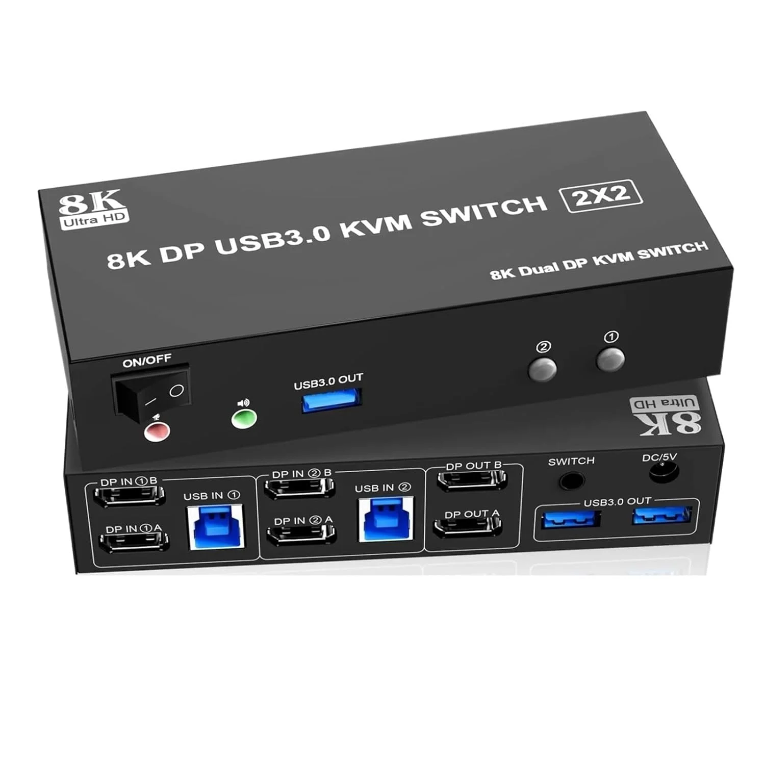 سوئیچ KVM دیسپلی‌پورت USB 3.0 با رزولوشن 8K@60Hz، دو مانیتور، دو کامپیوتر، سوئیچ KVM دیسپلی‌پورت 1.4 الترا اچ دی 8K دو مانیتوره برای 2 کامپیوتر و 2 مانیتور (همراه با دوشاخه EU)