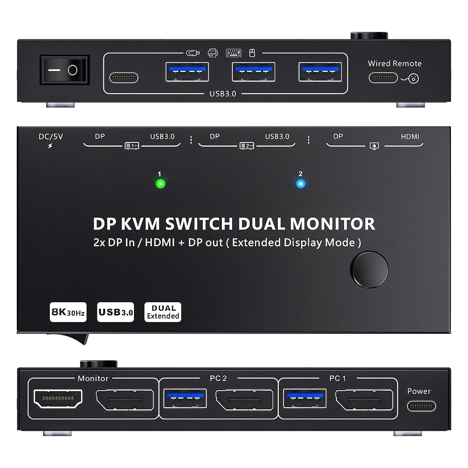 سوئیچ KVM دو مانیتوره، 2 کامپیوتر DisplayPort، تراشه هوشمند MST، سوئیچ KVM دو مانیتوره با اتصال DP، نمایش 2 مانیتور را تضمین می کند، یک سوئیچ KVM فوق العاده پایدار و راحت
