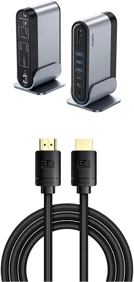 داک استیشن 17 در 1 بیسوس USB C 3 مانیتور 2 HDMI+2 DP و کابل آداپتور Baseus HDMI 8K به HDMI 8K 60Hz، 2 متری، مشکی