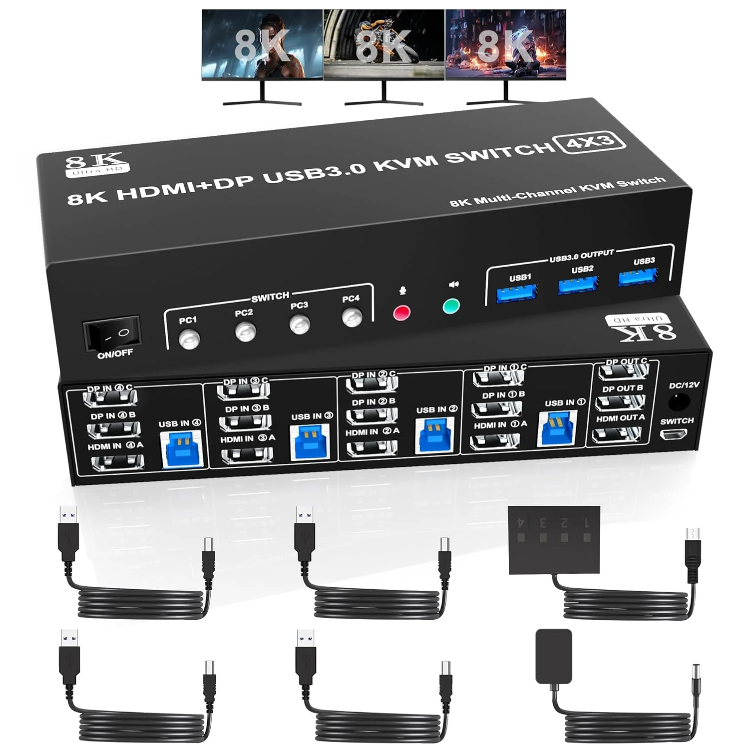 سوئیچ KVM با رزولوشن 8K@60Hz، دارای 2 پورت Displayport + HDMI، پورت USB3.0، پشتیبانی از 3 مانیتور و 4 کامپیوتر، 2 پورت DP 1.4 + HDMI 2.1، دارای میکروفون صدا + 3 پورت USB3.0، سوئیچر کیبورد و ماوس برای سه مانیتور