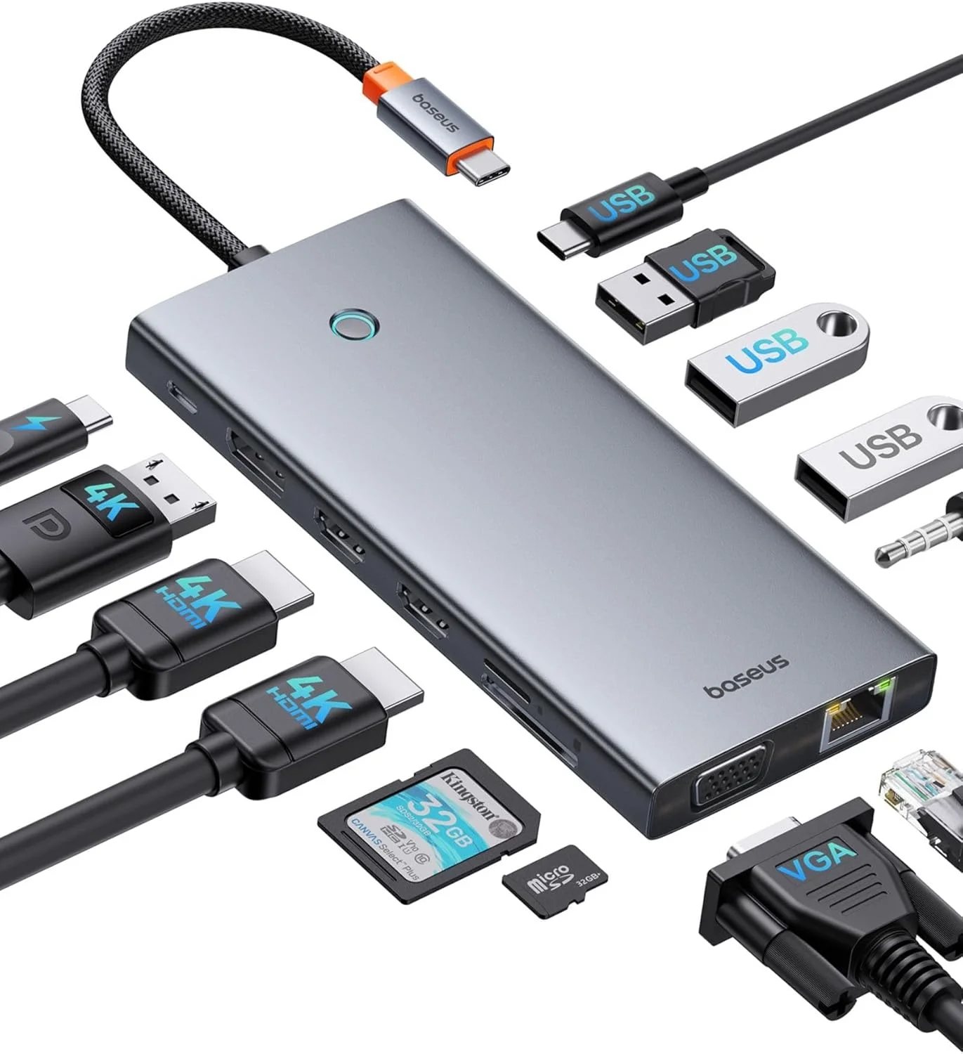【بهینه شده با تراشه】 داک استیشن USB C Baseus با قابلیت اتصال به 3 مانیتور، هاب USB C سیزده در یک با 2 پورت HDMI 4K@60Hz، پورت DisplayPort 4K@60Hz، VGA، USB 3.1 10 Gbps، PD 100W و اترنت برای لپ تاپ های Dell/HP/Lenovo/Surface