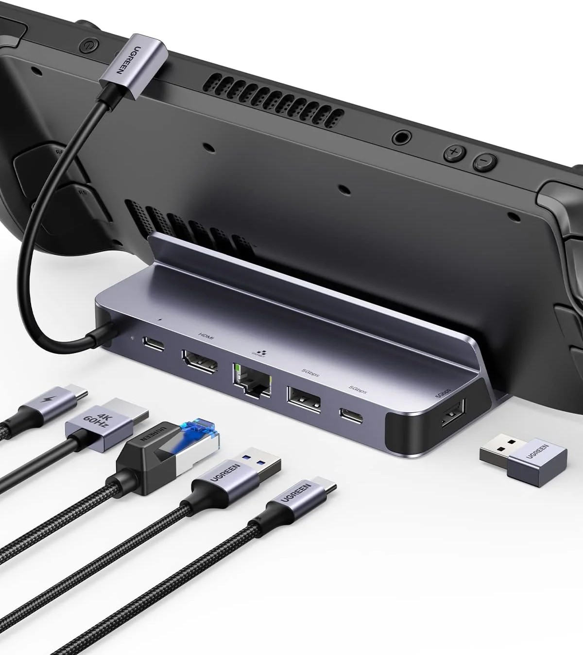 داک استیم دک یوگرین سازگار با استیم دک OLED، داکینگ استیشن USB C ایسوس ROG Ally با HDMI 4K@60Hz، گیگابیت اترنت، پورت های USB C/USB A، PD 100W