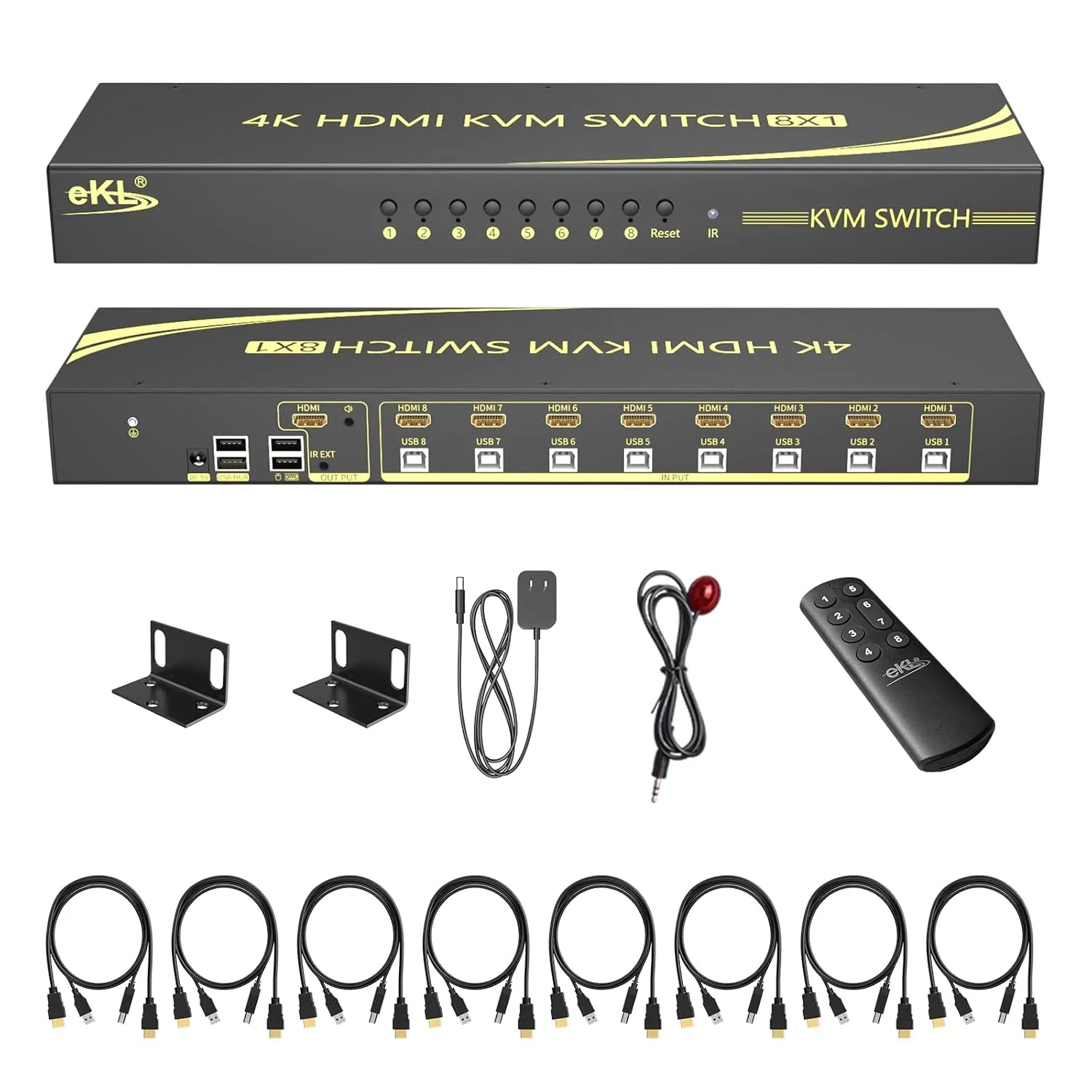 سوئیچ KVM هشت پورت HDMI با پشتیبانی از خروجی صدای 3.5 میلی‌متری، رزولوشن 4K@60Hz 4:4:4، کلیدهای میانبر، اشتراک‌گذاری 8 کامپیوتر با یک ست کیبورد و ماوس
