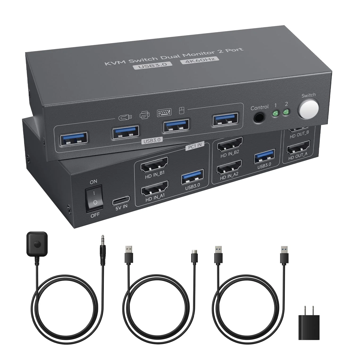 سوئیچ KVM دو مانیتوره HDMI، دو مانیتور برای 2 کامپیوتر/لپ تاپ 4K@60Hz، دارای 4 پورت USB 3.0، انطباق پذیر EDID، کنترلر رومیزی (شامل 2 کابل USB و 1 آداپتور برق)