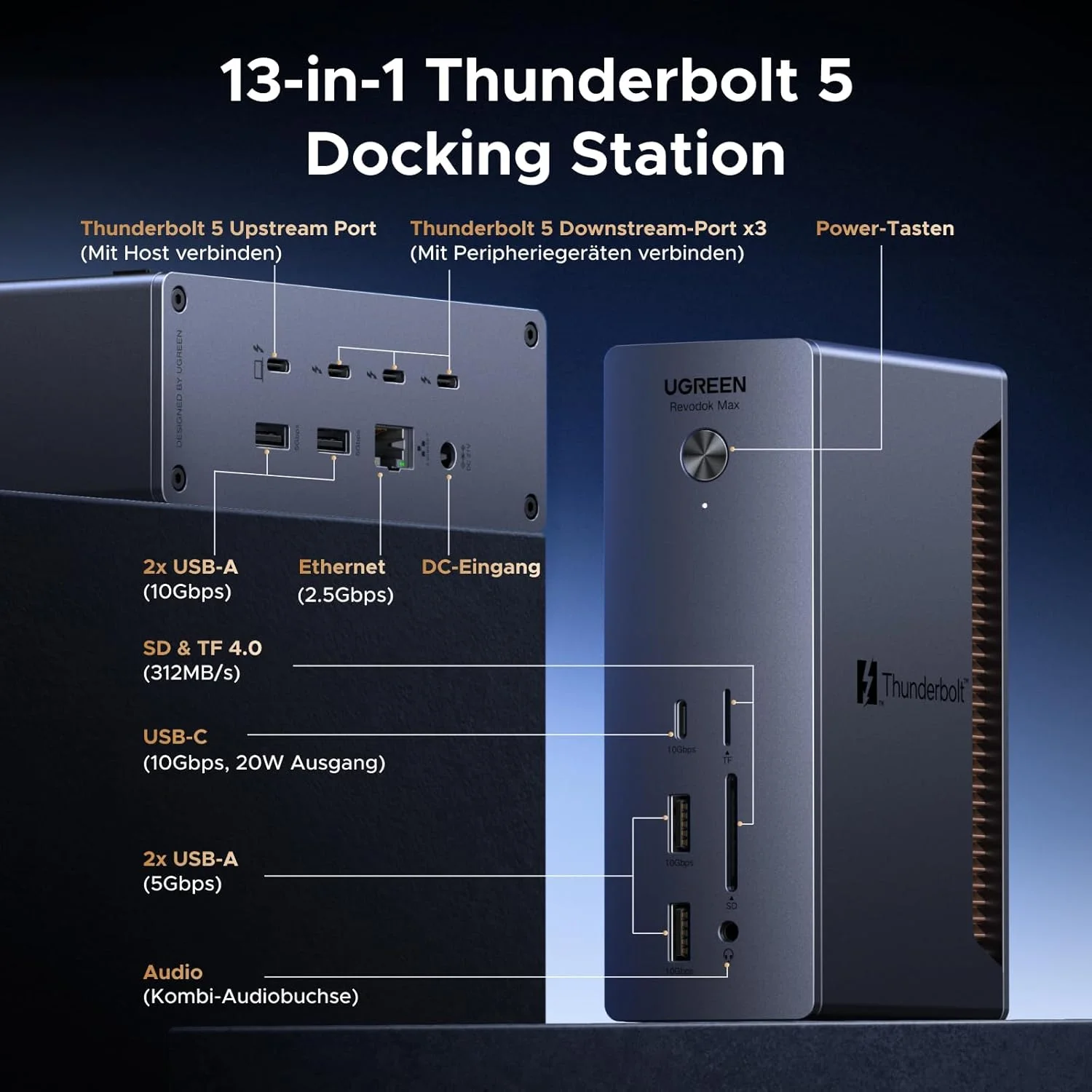 داک UGREEN Revodok Max 2131 Thunderbolt 5 با سرعت 120 گیگابیت بر ثانیه با 3 پورت TBT5 (حداکثر 8K@60Hz تکی و حداکثر 6K@60Hz دوگانه)، داکینگ استیشن شارژ 140 واتی برای لپ تاپ، اترنت 2.5 گیگابیتی، SD 4.0، خروجی صدا 3.5 میلی متری داک UGREEN Revodok Max 2131 Thunderbolt 5 با سرعت 120 گیگابیت بر ثانیه با 3 پورت TBT5 (حداکثر 8K@60Hz تکی و حداکثر 6K@60Hz دوگانه)، داکینگ استیشن شارژ 140 واتی برای لپ تاپ، اترنت 2.5 گیگابیتی، SD 4.0، خروجی صدا 3.5 میلی متری