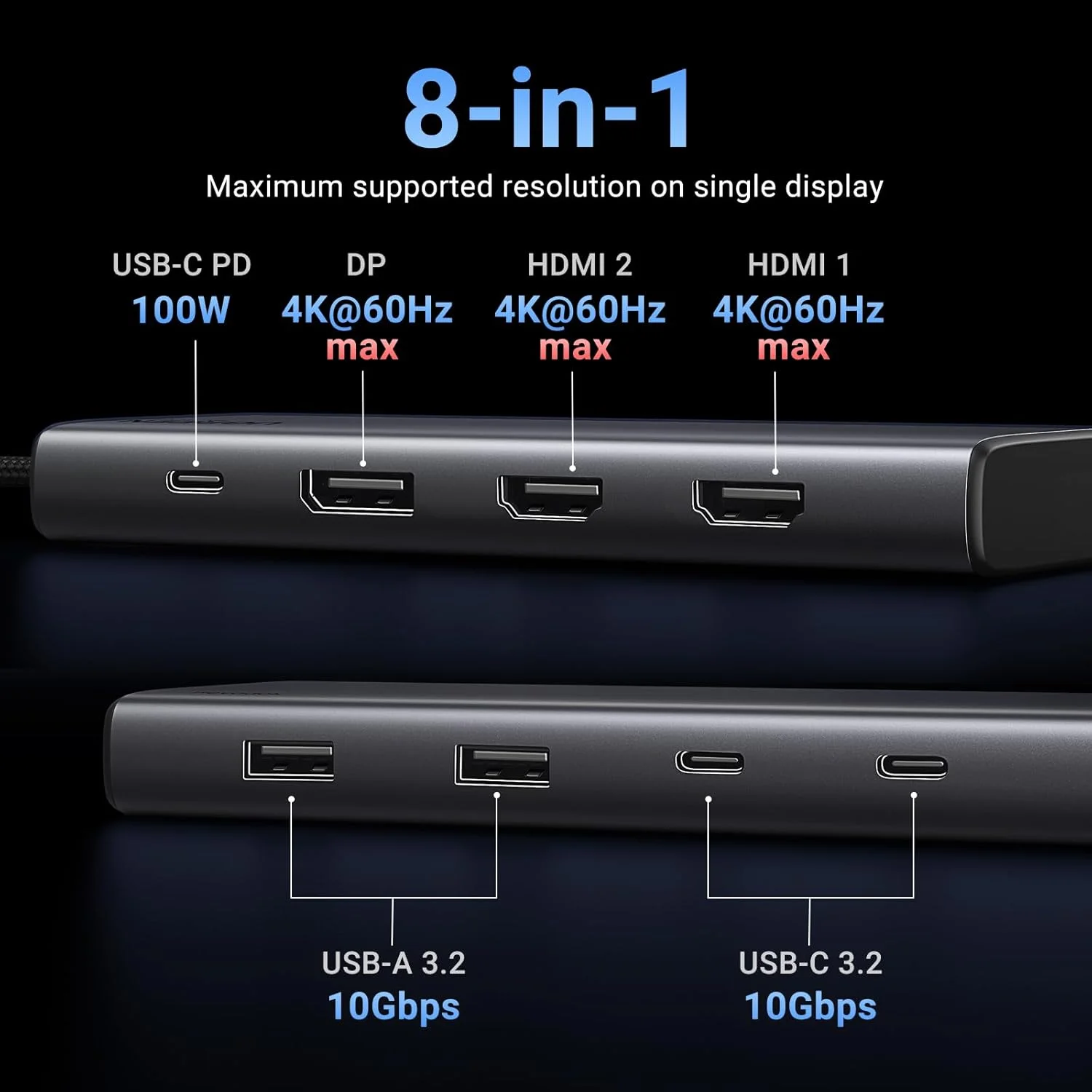 هاب داک یوگرین Revodok Pro با قابلیت نمایش سه گانه، دارای پورت USB C، دو پورت HDMI، پورت DP (حداکثر 4K@60Hz)، ایستگاه داکینگ با 4 پورت USB با سرعت 10 گیگابیت بر ثانیه (2 پورت USB A و 2 پورت USB C) و PD 100W هاب داک یوگرین Revodok Pro با قابلیت نمایش سه گانه، دارای پورت USB C، دو پورت HDMI، پورت DP (حداکثر 4K@60Hz)، ایستگاه داکینگ با 4 پورت USB با سرعت 10 گیگابیت بر ثانیه (2 پورت USB A و 2 پورت USB C) و PD 100W