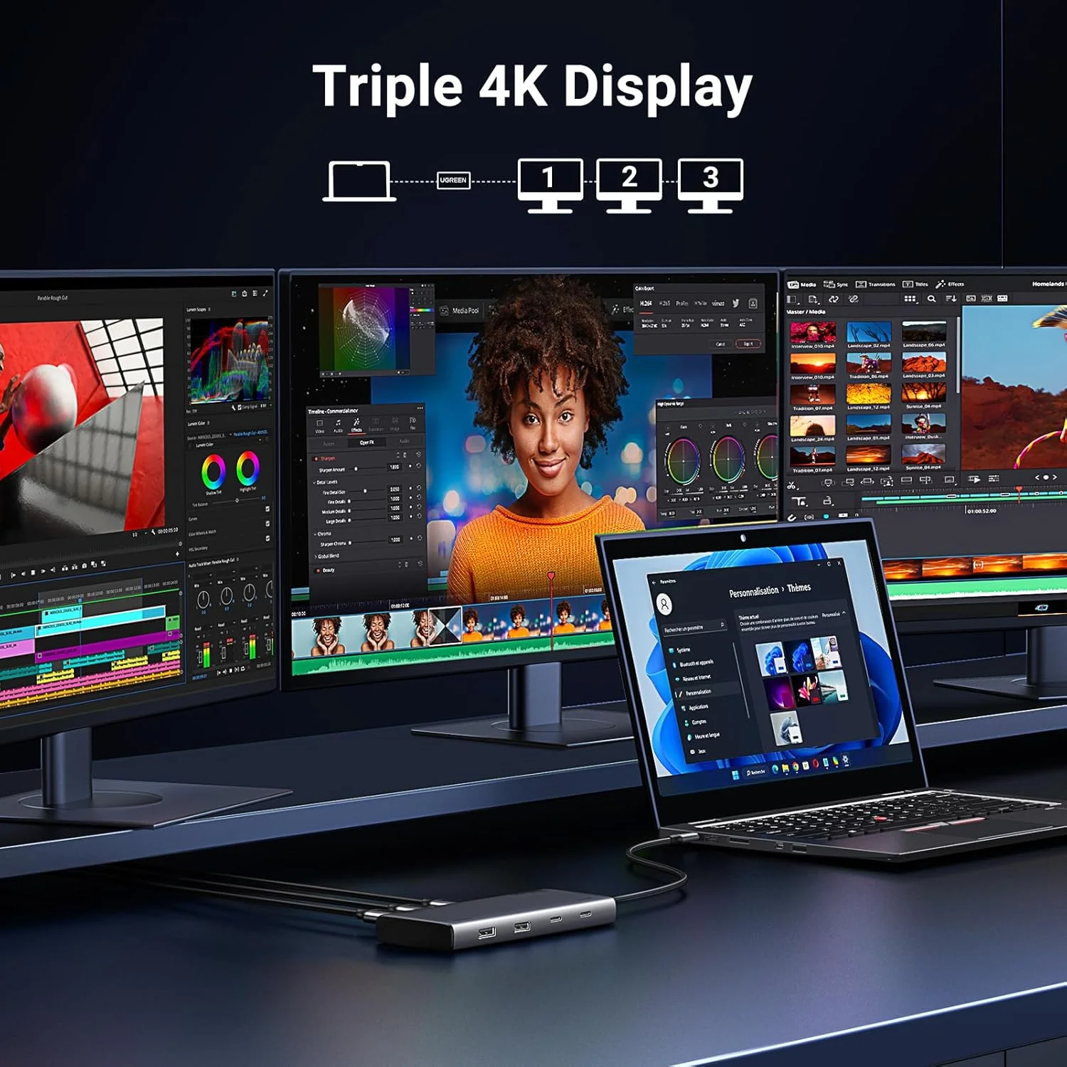 هاب داک یوگرین Revodok Pro با قابلیت نمایش سه گانه، دارای پورت USB C، دو پورت HDMI، پورت DP (حداکثر 4K@60Hz)، ایستگاه داکینگ با 4 پورت USB با سرعت 10 گیگابیت بر ثانیه (2 پورت USB A و 2 پورت USB C) و PD 100W هاب داک یوگرین Revodok Pro با قابلیت نمایش سه گانه، دارای پورت USB C، دو پورت HDMI، پورت DP (حداکثر 4K@60Hz)، ایستگاه داکینگ با 4 پورت USB با سرعت 10 گیگابیت بر ثانیه (2 پورت USB A و 2 پورت USB C) و PD 100W