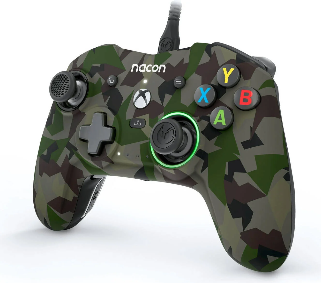 کنترلر Nacon Revolution X طرح Field Camo، برای Xbox Series X، S و Xbox One، با جوی‌استیک‌های قابل تنظیم، تریگرهای قابل برنامه‌ریزی، پشتیبانی از Dolby Atmos و کابل بافته‌شده 3 متری