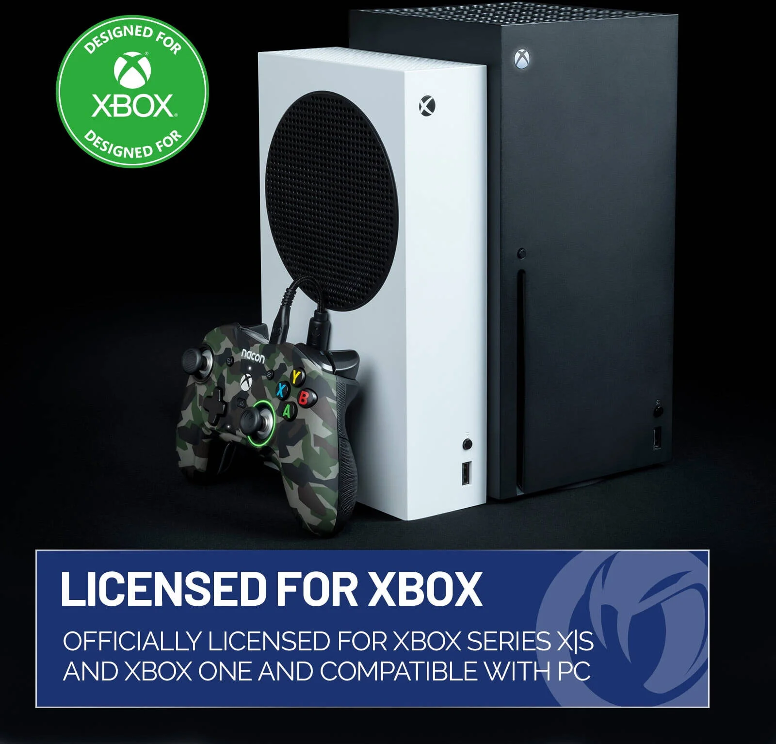 کنترلر Nacon Revolution X طرح Field Camo، برای Xbox Series X، S و Xbox One، با جوی‌استیک‌های قابل تنظیم، تریگرهای قابل برنامه‌ریزی، پشتیبانی از Dolby Atmos و کابل بافته‌شده 3 متری