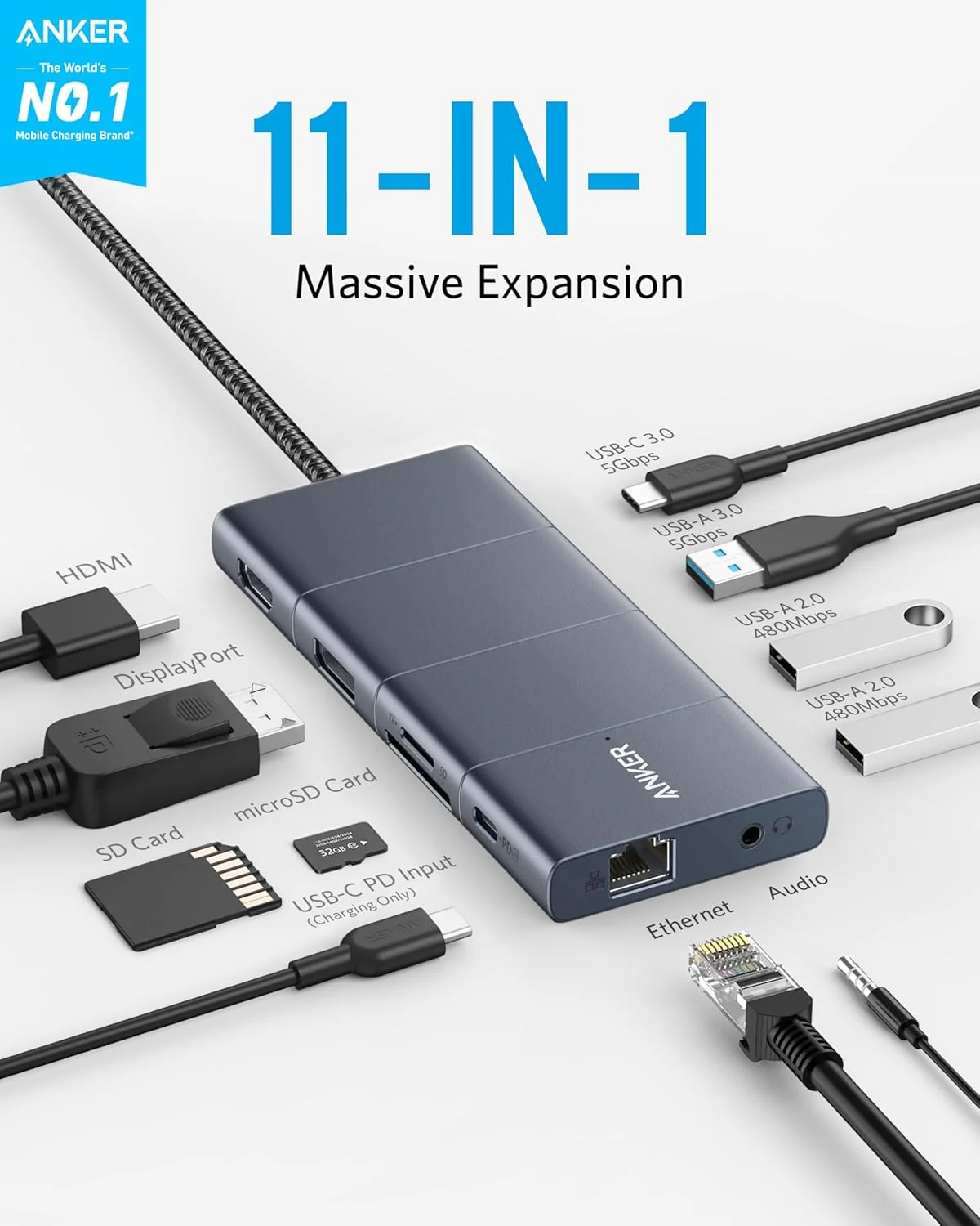 Anker PowerExpand+ 11-in-1 USB-C Adapter Hub, mit 4K@60Hz HDMI und DP, 100W Power Delivery, USB-C und 3 USB-A Datenports, 1 Gbps Ethernet, 3.5mm Audio, microSD und SD Speicherkartenleser Anker PowerExpand+ 11-in-1 USB-C Adapter Hub, mit 4K@60Hz HDMI und DP, 100W Power Delivery, USB-C und 3 USB-A Datenports, 1 Gbps Ethernet, 3.5mm Audio, microSD und SD Speicherkartenleser