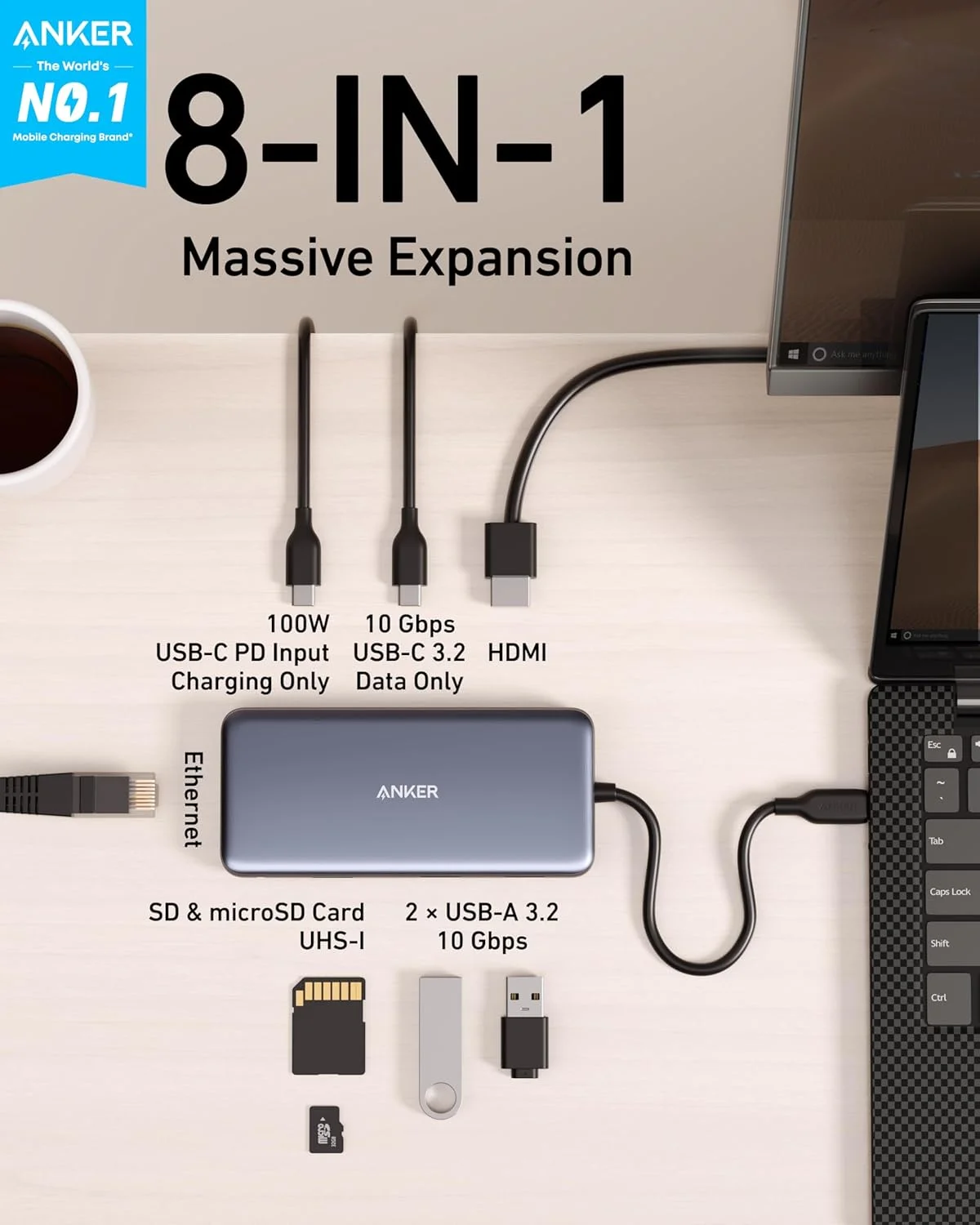 هاب داکینگ USB-C انکر 555 (8 در 1) آداپتور PowerExpand، تحویل برق 100 وات، HDMI 4K 60 هرتز، پورت های داده USB-C و 2 USB-A با سرعت 10 گیگابیت بر ثانیه، پورت اترنت، کارت خوان حافظه microSD و SD، برای مک بوک پرو و غیره هاب داکینگ USB-C انکر 555 (8 در 1) آداپتور PowerExpand، تحویل برق 100 وات، HDMI 4K 60 هرتز، پورت های داده USB-C و 2 USB-A با سرعت 10 گیگابیت بر ثانیه، پورت اترنت، کارت خوان حافظه microSD و SD، برای مک بوک پرو و غیره