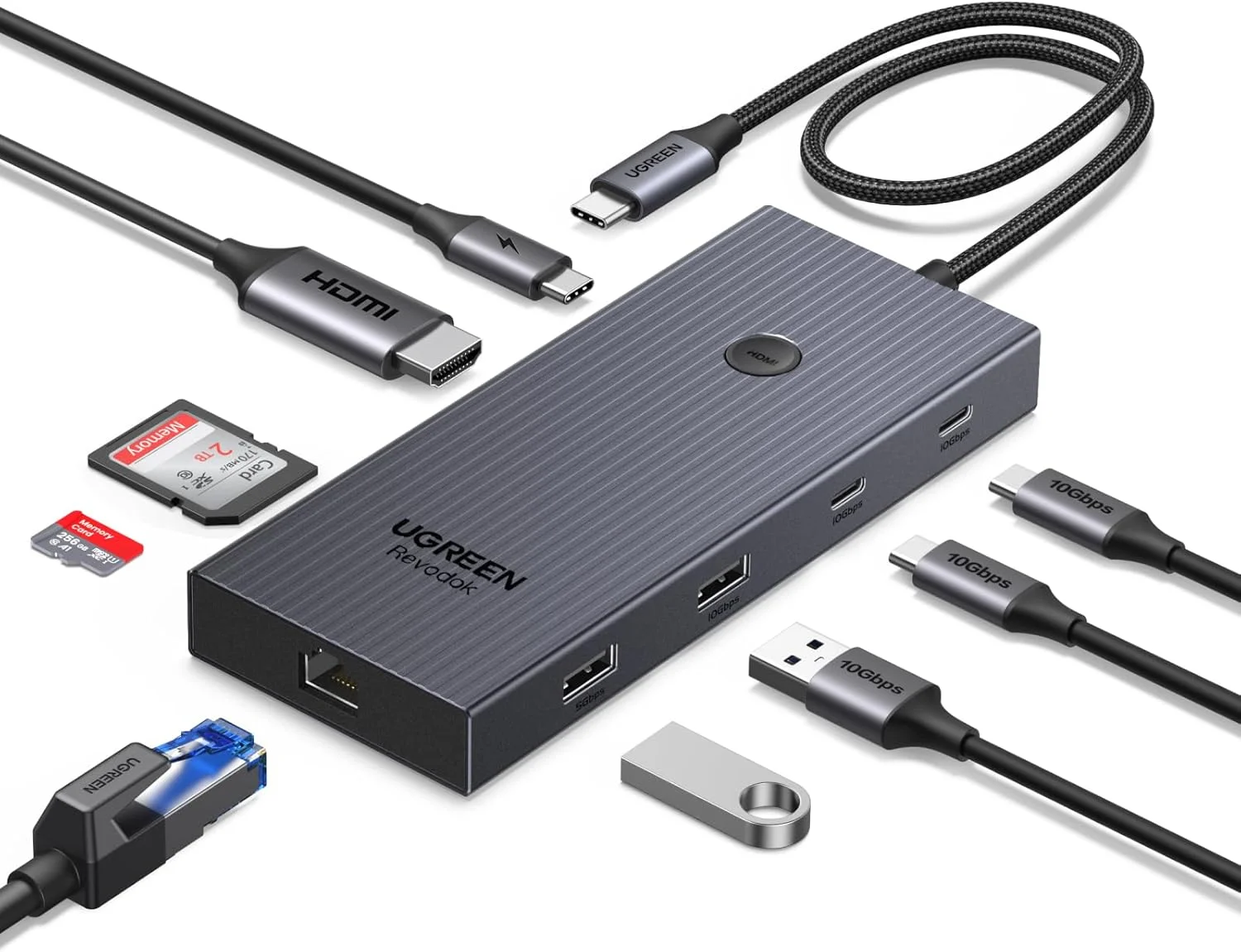 هاب USB C یوگرین Revodok Pro 1091، آداپتور USB C با سرعت 10 گیگابیت بر ثانیه با HDMI 4K، اترنت گیگابیتی، پورت های داده USB 3.2 با سرعت 10 گیگابیت بر ثانیه، کارت خوان SD/TF، PD 100W سازگار با MacBook، Surface، iPad Pro و غیره.