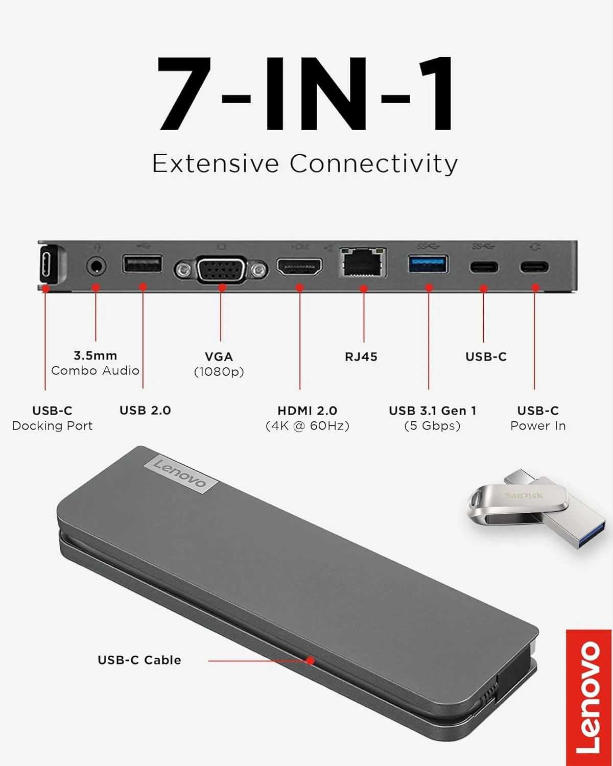 مینی داک USB-C لنوو، ایستگاه اتصال قابل حمل 7 در 1 با HDMI، VGA، USB-C، USB 3.1، USB 2، صدای 3.5 میلیمتری، اترنت، شارژر 45 واتی، سازگار با لپتاپهای لنوو، اپل و USB-C، خاکستری G0A70065US مینی داک USB-C لنوو، ایستگاه اتصال قابل حمل 7 در 1 با HDMI، VGA، USB-C، USB 3.1، USB 2، صدای 3.5 میلیمتری، اترنت، شارژر 45 واتی، سازگار با لپتاپهای لنوو، اپل و USB-C، خاکستری G0A70065US