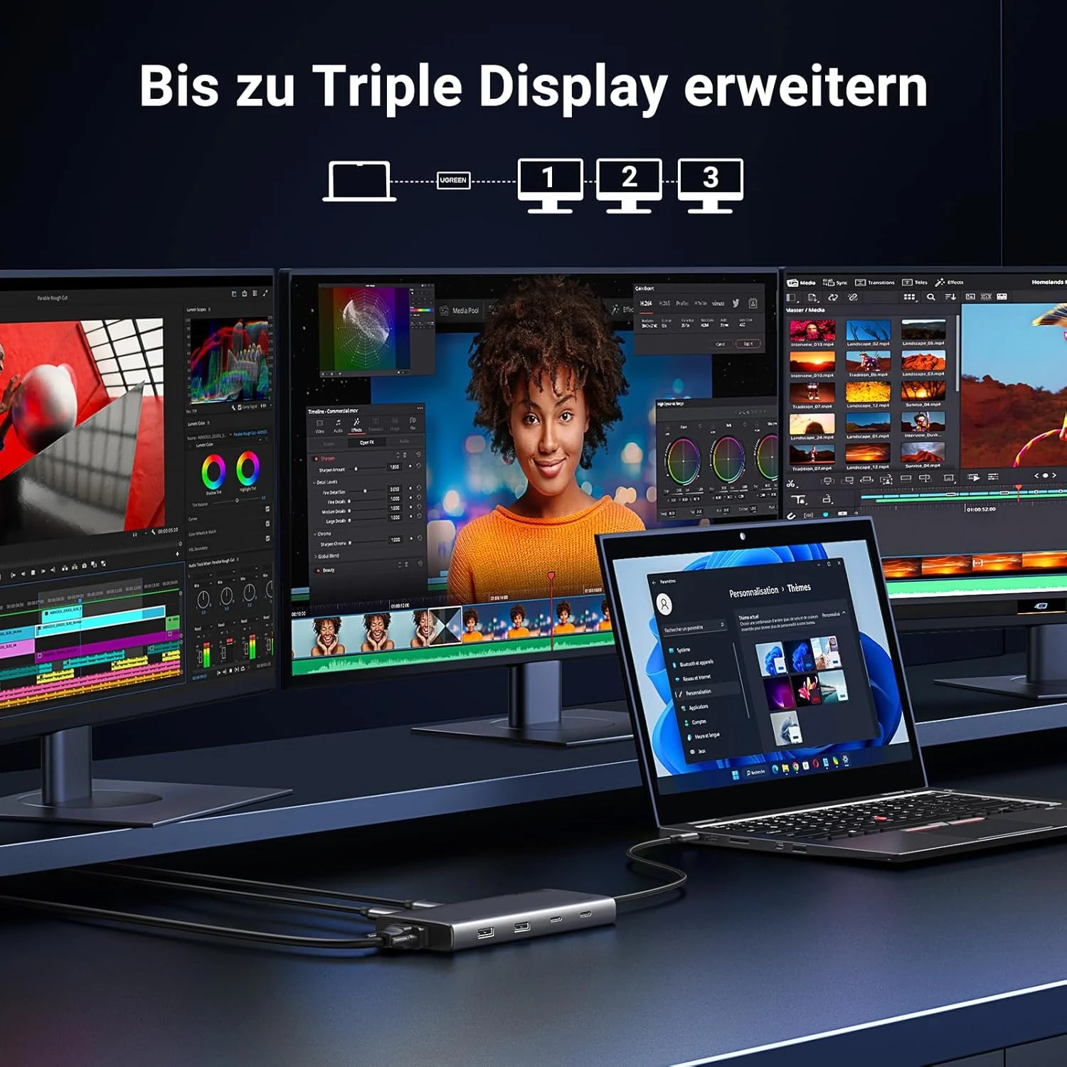 داک استیشن سه گانه UGREEN Revodok Pro 308 با هاب USB C، 2HDMI VGA (حداکثر 4K@60Hz)، پورت های USB 10Gbps (2*USB A، 2*USB C)، PD 100W، سازگار با MacBook Air/Pro، XPS 15، ThinkPad X1 و غیره. داک استیشن سه گانه UGREEN Revodok Pro 308 با هاب USB C، 2HDMI VGA (حداکثر 4K@60Hz)، پورت های USB 10Gbps (2*USB A، 2*USB C)، PD 100W، سازگار با MacBook Air/Pro، XPS 15، ThinkPad X1 و غیره.