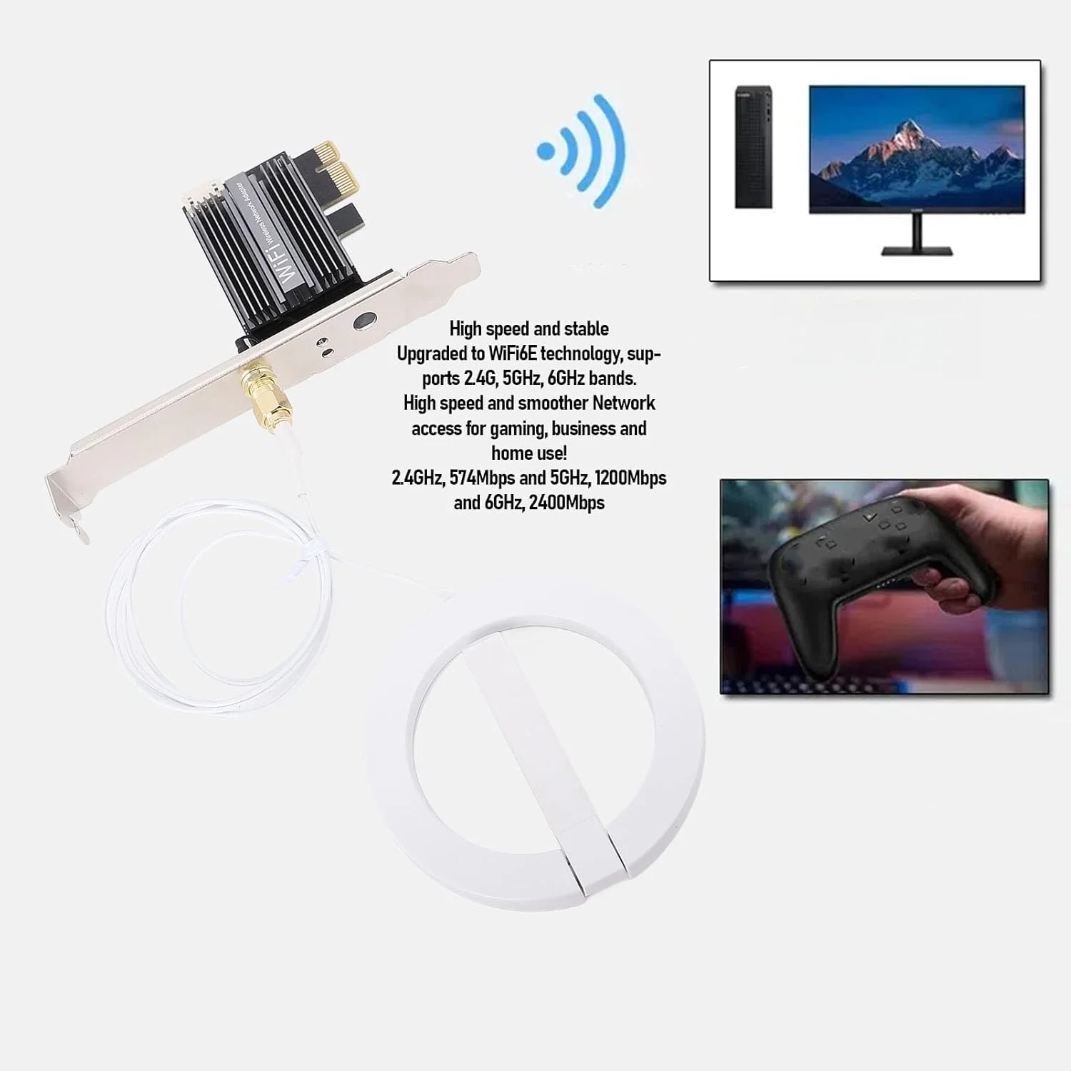 کارت وای فای PCIe با سرعت 4174 مگابیت بر ثانیه، آداپتور بی سیم بلوتوث 5.2 سه بانده برای رایانه شخصی رومیزی، برای 10، 11، برای لینوکس، با فناوری WiFi6E (آنتن کابل توسعه)