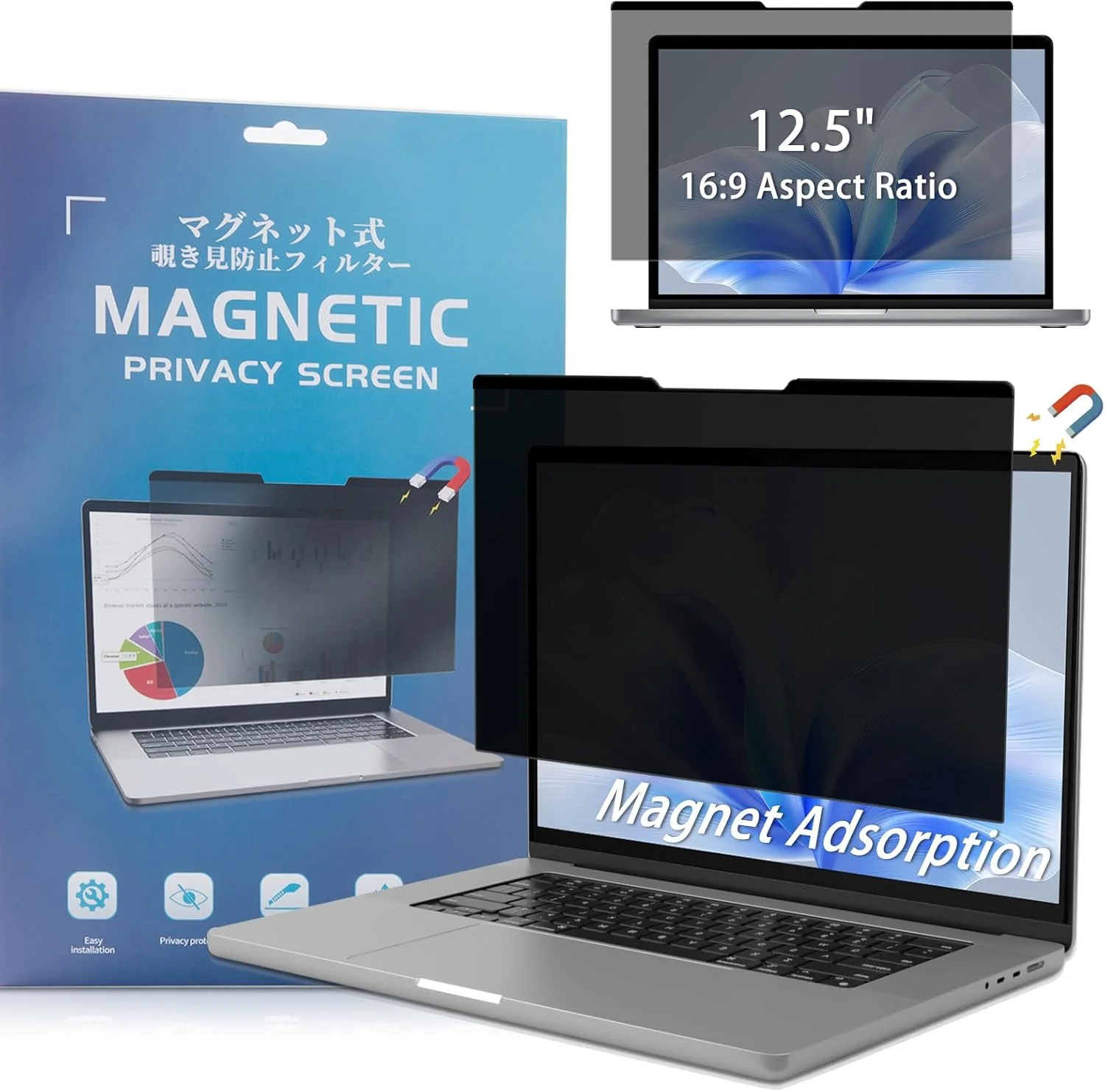 محافظ صفحه نمایش حریم خصوصی مغناطیسی 12.5 اینچی 16:9 برای لپ‌تاپ - 2 طرفه، قابل جابجایی، ضد تابش نور، مسدود کننده نور آبی، محافظ UV، کاهش خستگی چشم، مناسب برای کروم‌بوک/لنوو/اچ‌پی/دل/ایسر/ایسوس/ایکس‌پی‌اس