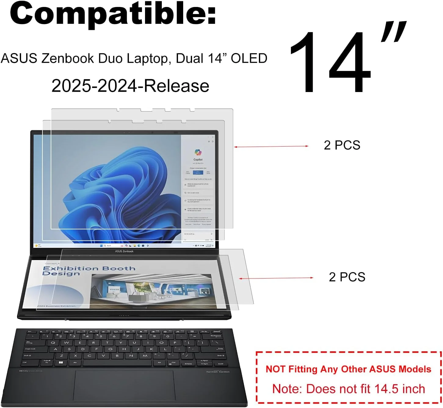 محافظ صفحه نمایش مات ضد انعکاس نور (4 عددی) KEANBOLL برای لپ تاپ های ASUS Zenbook Duo Dual 14 اینچی 2 در 1 (UX8406) مدل 2024-2025 - (2 مجموعه - صفحه نمایش اصلی و ثانویه)