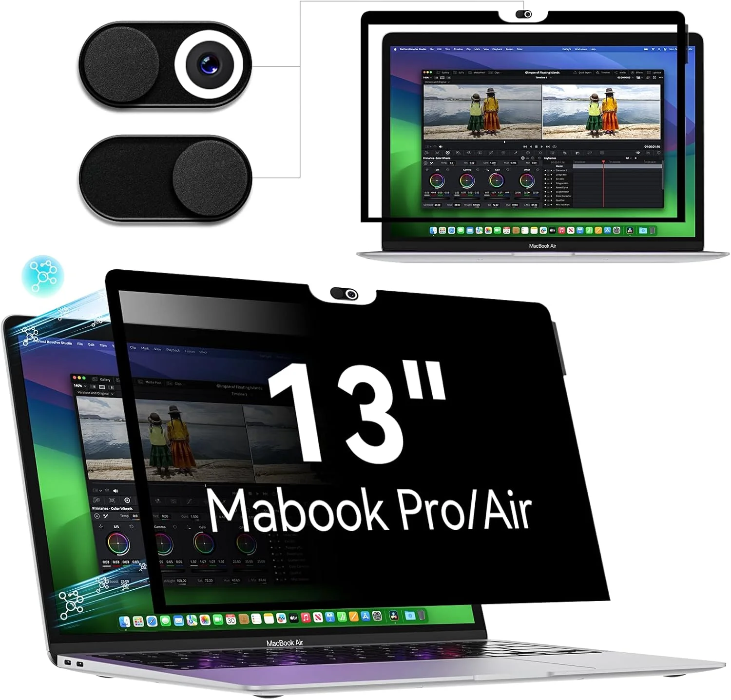 محافظ صفحه نمایش حریم خصوصی برای مک‌بوک پرو ۱۳ اینچ (۲۰۱۶-۲۰۲۲، M1، M2) / مک‌بوک ایر ۱۳ اینچ (۲۰۱۸-۲۰۲۱، M1)، نصب آسان و جداشدنی، فیلتر نور آبی ضد انعکاس با پوشش دوربین، محافظ صفحه نمایش ضد جاسوسی لپ‌تاپ برای مک ۱۳ اینچ