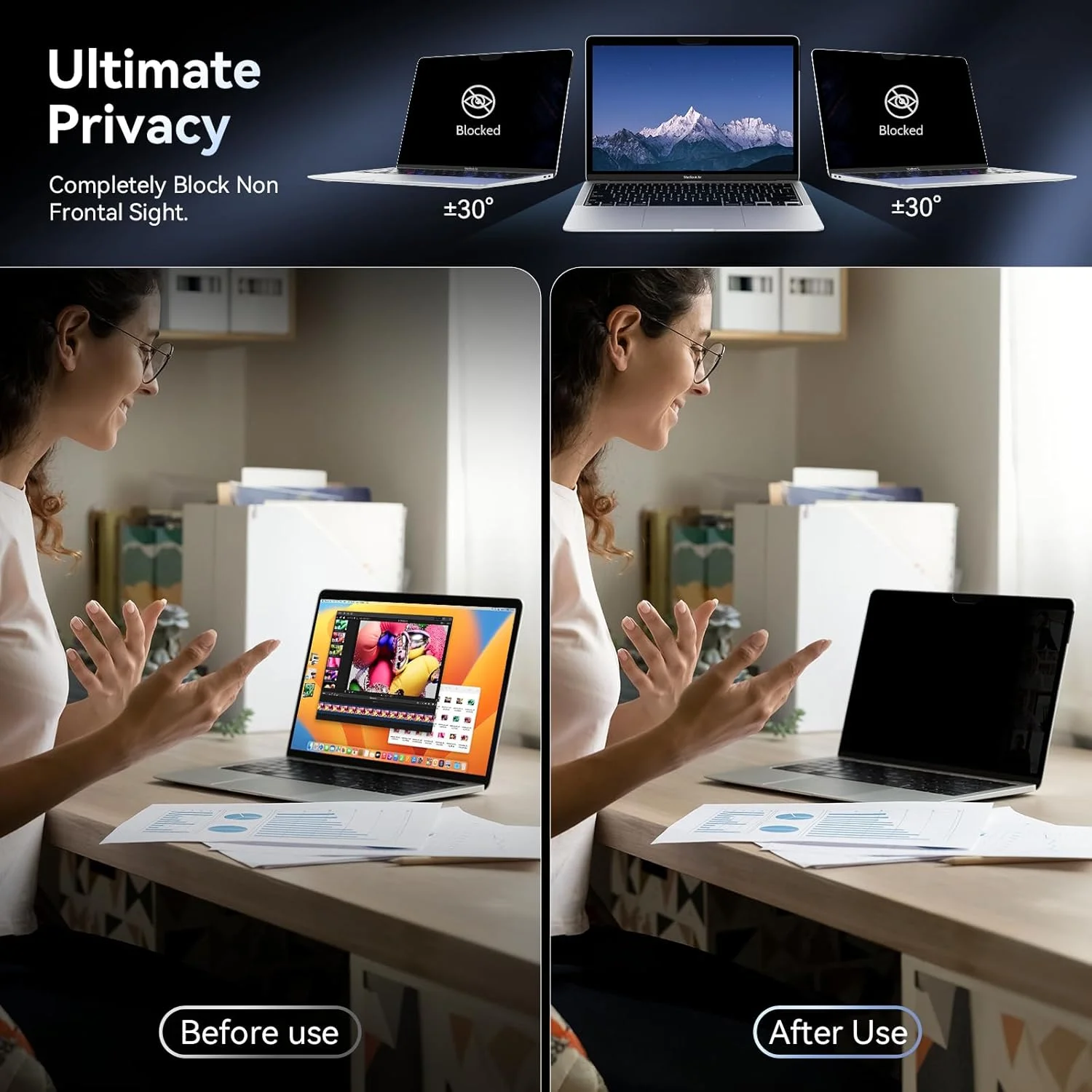 محافظ صفحه نمایش حریم خصوصی برای مک‌بوک پرو ۱۳ اینچ (۲۰۱۶-۲۰۲۲، M1، M2) / مک‌بوک ایر ۱۳ اینچ (۲۰۱۸-۲۰۲۱، M1)، نصب آسان و جداشدنی، فیلتر نور آبی ضد انعکاس با پوشش دوربین، محافظ صفحه نمایش ضد جاسوسی لپ‌تاپ برای مک ۱۳ اینچ