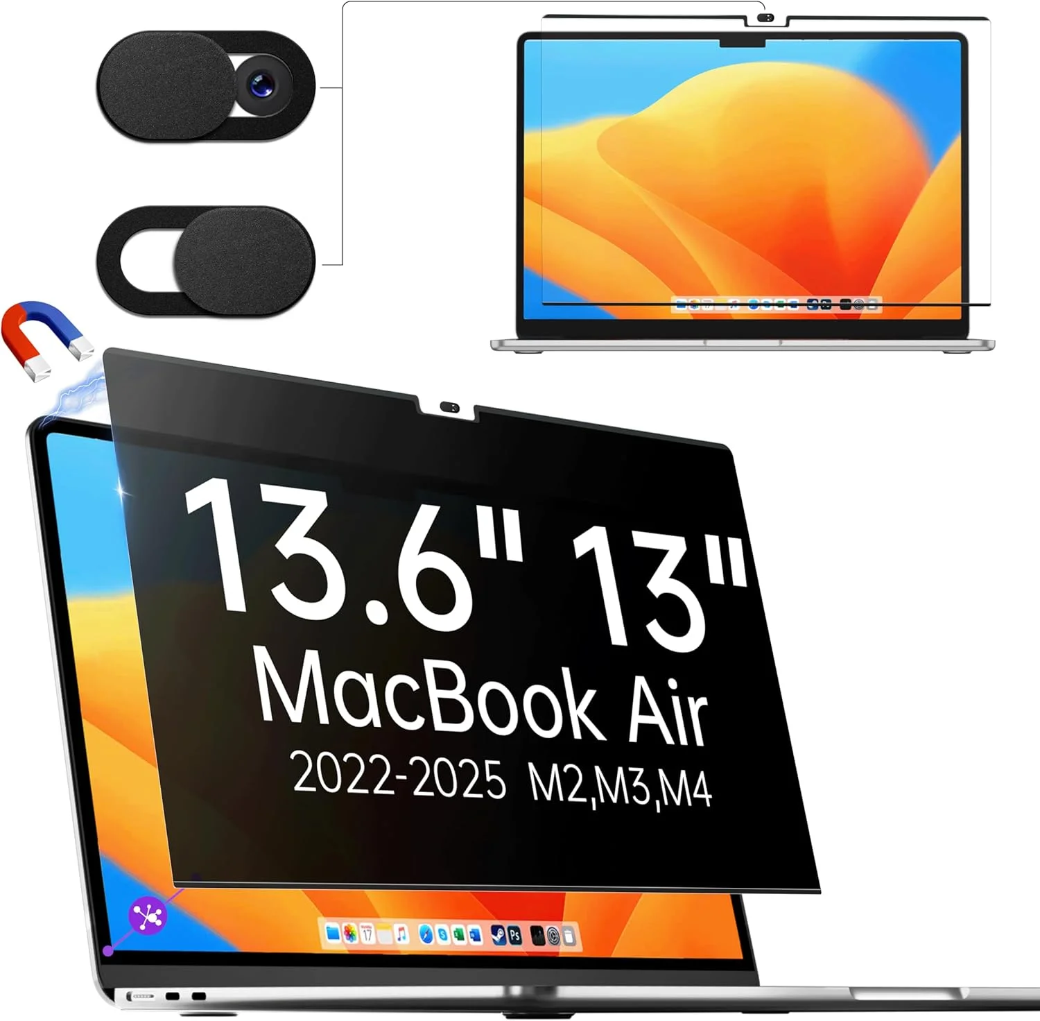 محافظ صفحه نمایش حریم خصوصی مغناطیسی برای اپل مک بوک ایر ۱۳.۶/۱۳ (۲۰۲۲-۲۰۲۵ M2، M3، M4)، فیلتر حریم خصوصی جداشدنی ضد تابش نور آبی برای لپ تاپ مک ایر ۱۳