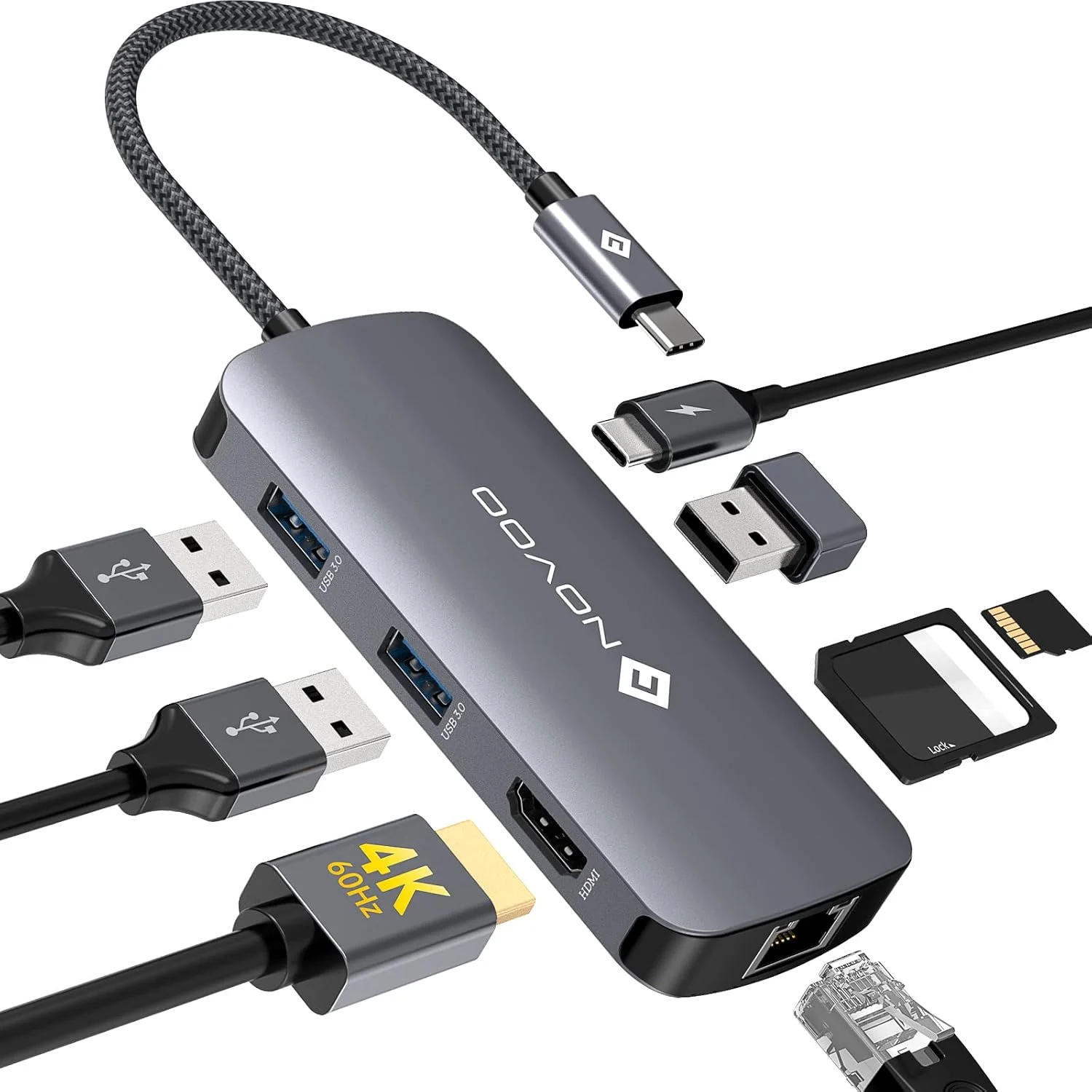 هاب USB C نووو 4K@60Hz، داک استیشن USB C، آداپتور USB C هشت در یک با اترنت گیگابیتی با 100W PD+دیتا، کارت خوان SD/TF، 3 پورت داده USB-A 3.0، برای MacBook Pro، MacBook Air و سایر دستگاه های Type C