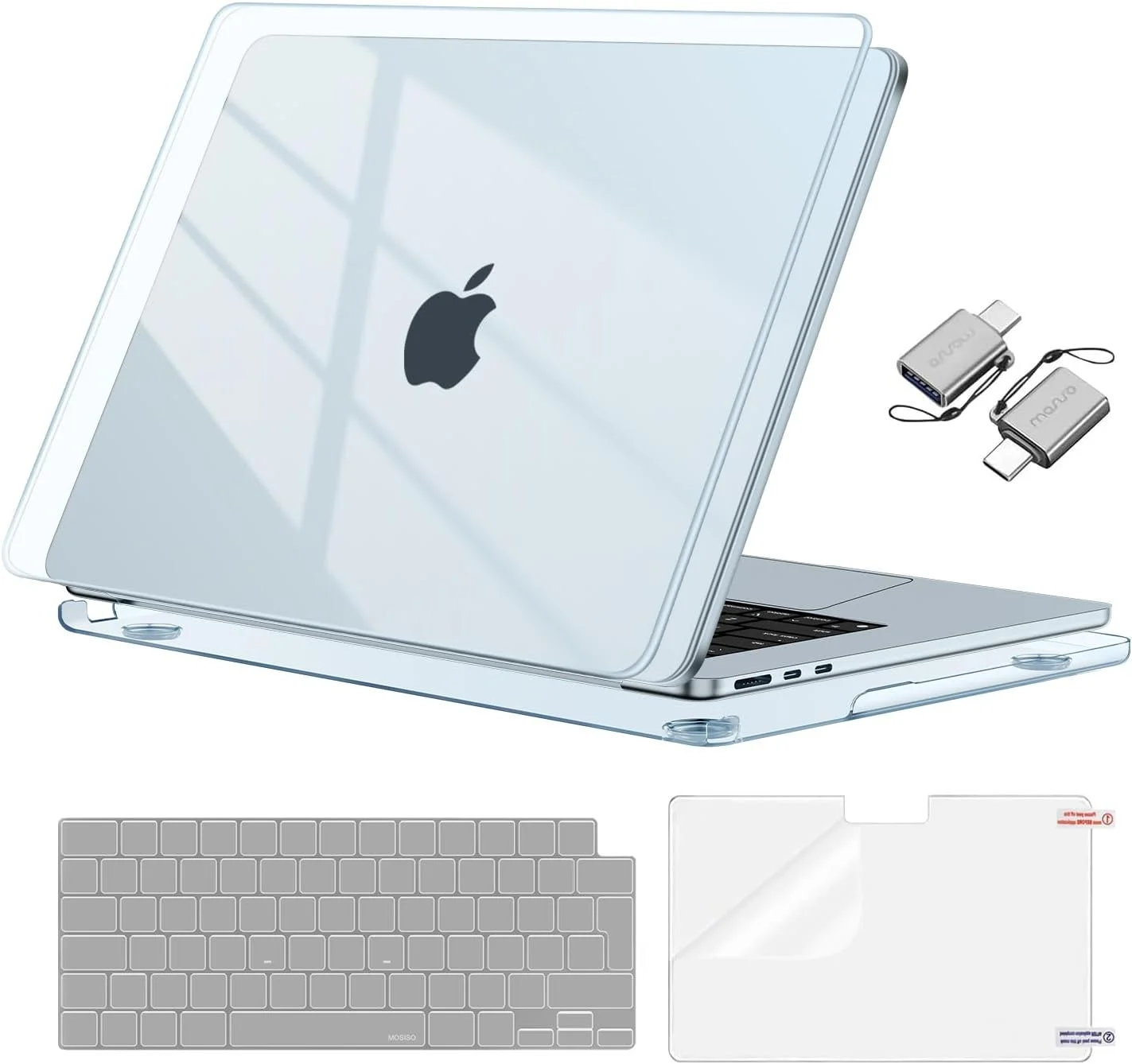 محافظ لپ تاپ موسیسو سازگار با مک بوک ایر 13 اینچ مدل های A3240 A3113 A2681، محافظ هارد کیس با طرحی زیبا، پوشش کیبورد، محافظ صفحه نمایش و تبدیل Type C، آبی آسمانی