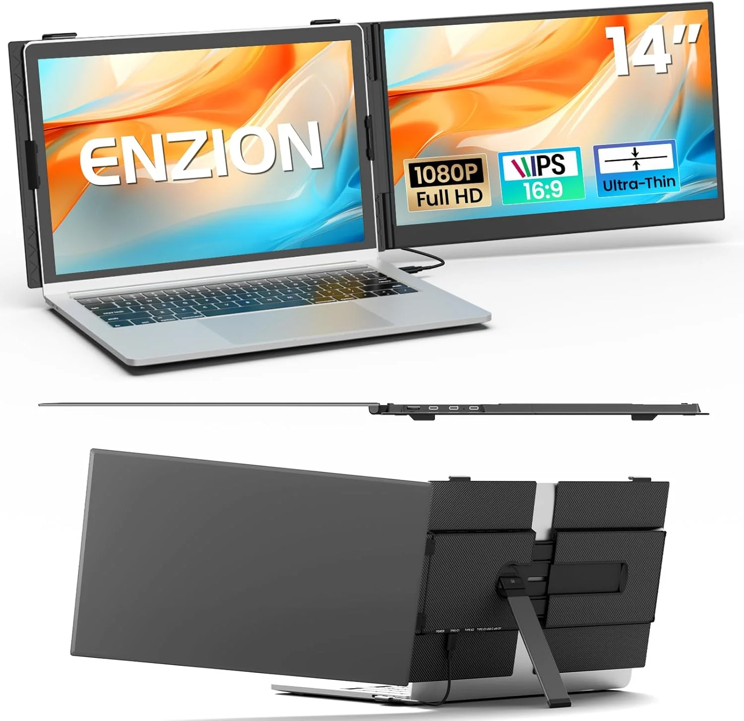 افزونه صفحه نمایش لپ تاپ، مانیتور قابل حمل 14 اینچی FHD 1080p برای لپ تاپ، توسعه دهنده صفحه نمایش فوق العاده نازک و سبک وزن، پلاگین و پخش برای لپ تاپ های 13 تا 17 اینچی، سازگار با مک/ویندوز/کروم/اندروید (خاکستری)