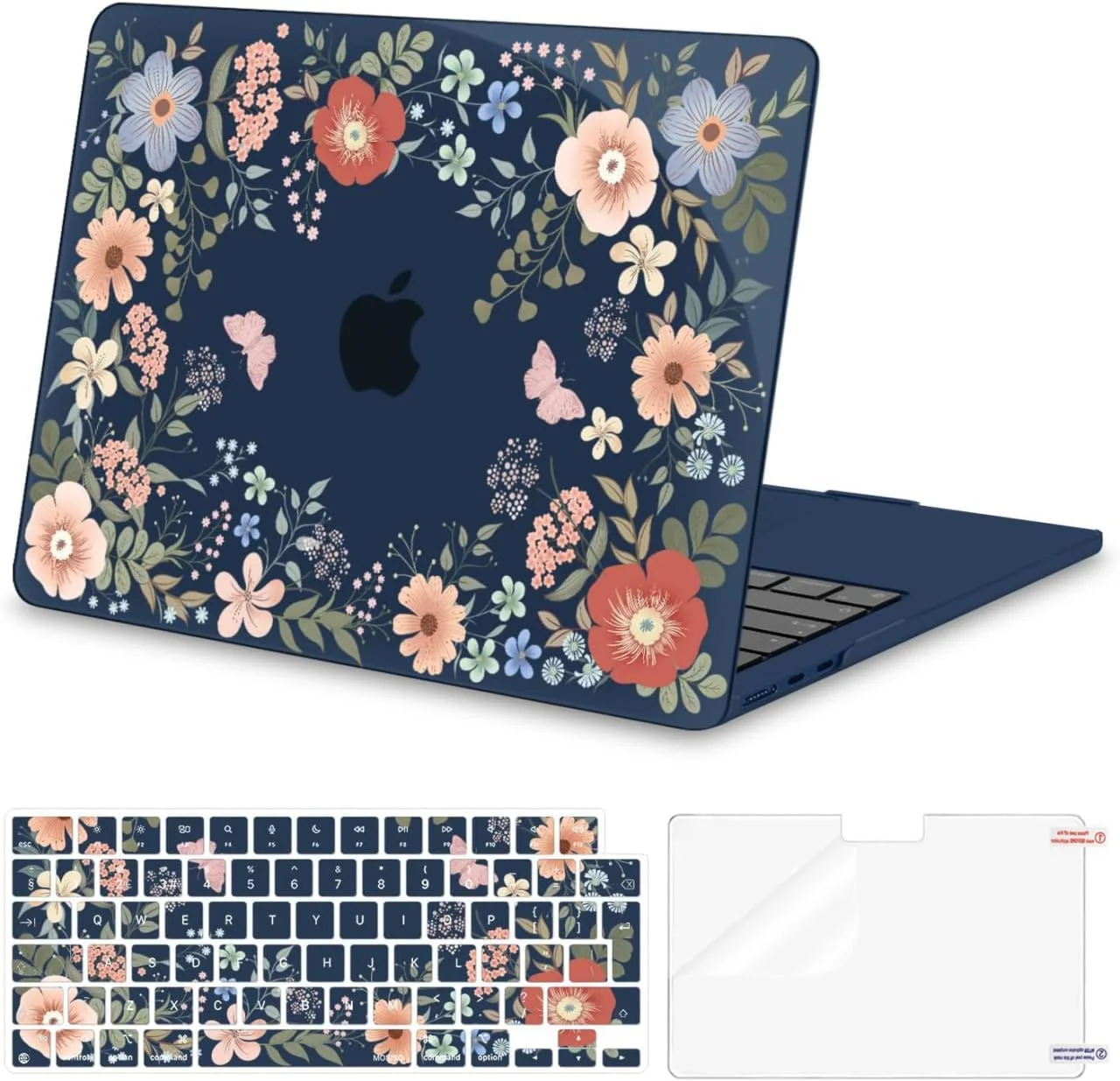 کاور موسیسو سازگار با مک بوک ایر ۱۳ اینچ M4 M3 M2 مدل های ۲۰۲۵ ۲۰۲۴ ۲۰۲۳ ۲۰۲۲ A3240 A3113 A2681، کاور سخت طرح گل های زیبا، روکش کیبورد و محافظ صفحه نمایش برای مک بوک ایر ۱۳.۶ اینچ، آبی