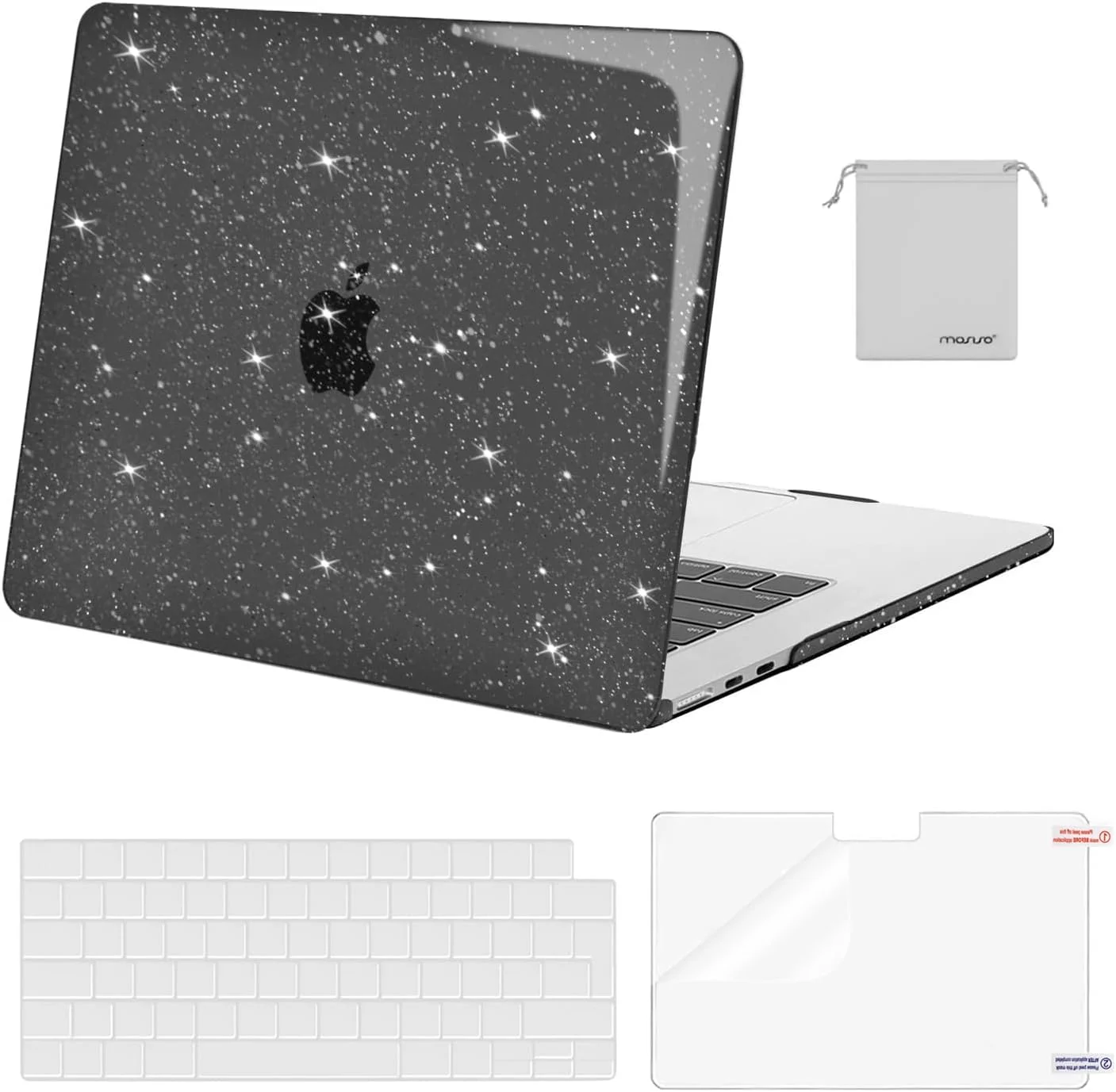 کاور MOSISO سازگار با مک بوک ایر 15 اینچ M4 M3 M2 A3241 A3114 A2941 تراشه 2023 2024 2025، کاور هارد پلاستیکی براق اکلیلی و محافظ صفحه کلید و محافظ صفحه نمایش و کیف نگهداری، مشکی