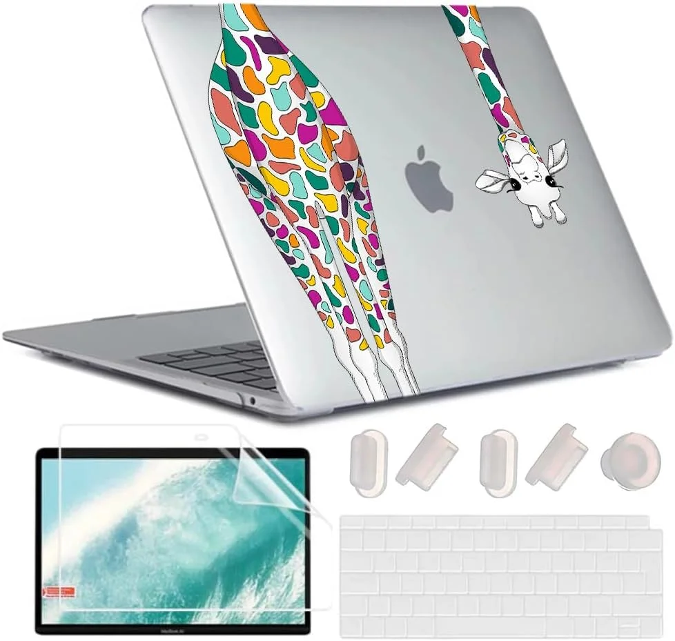 کاور 4 در 1 سازگار با مک بوک ایر 13 اینچ 2020 2019 2018 مدل های A2337 M1 A2179 A1932 با تاچ آیدی، کاور سخت پلاستیکی انعطاف پذیر و محافظ صفحه کلید و محافظ صفحه نمایش، طرح زرافه 01