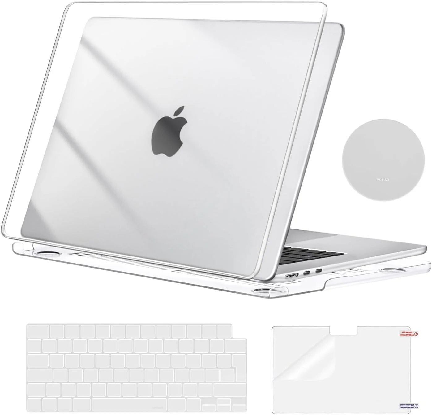 محافظ سخت MOSISO سازگار با مک بوک ایر 15 اینچ مدل های 2025 2024 2023 M4 M3 M2، کاور محافظ هارد شل برای مک بوک ایر 15 اینچ A3241 A3114 A2941 و روکش کیبورد و محافظ صفحه نمایش و زیر لیوانی، شفاف