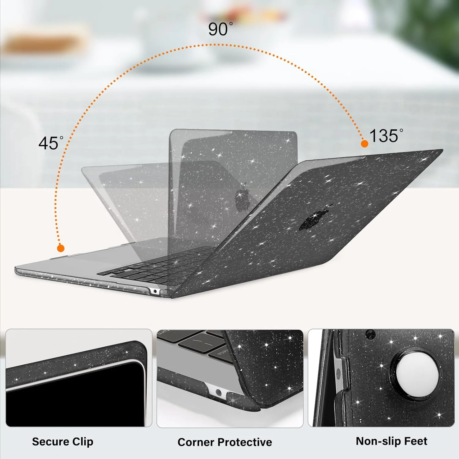 کاور MOSISO سازگار با مک بوک ایر 15 اینچ M4 M3 M2 A3241 A3114 A2941 تراشه 2023 2024 2025، کاور هارد پلاستیکی براق اکلیلی و محافظ صفحه کلید و محافظ صفحه نمایش و کیف نگهداری، مشکی