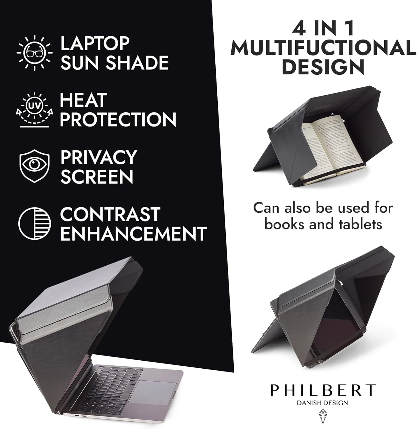 آفتابگیر صفحه نمایش لپ تاپ 4 در 1 لوکس: محافظت در برابر نور خورشید | حفظ حریم خصوصی | محافظت در برابر گرما | افزایش کنتراست. 15/16 اینچ یونیورسال. خودایستا، با جیب پشتی. ثبت اختراع D790551 - مشکی