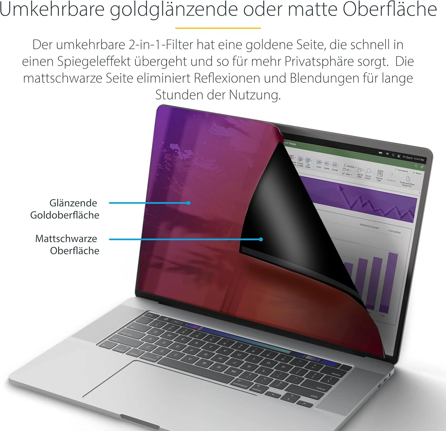 محافظ صفحه نمایش حریم خصوصی لپ تاپ 16 اینچی StarTech.com MacBook Pro M1 M2 M3 M4، دو طرفه ضد تابش نور (مات) و طلایی براق