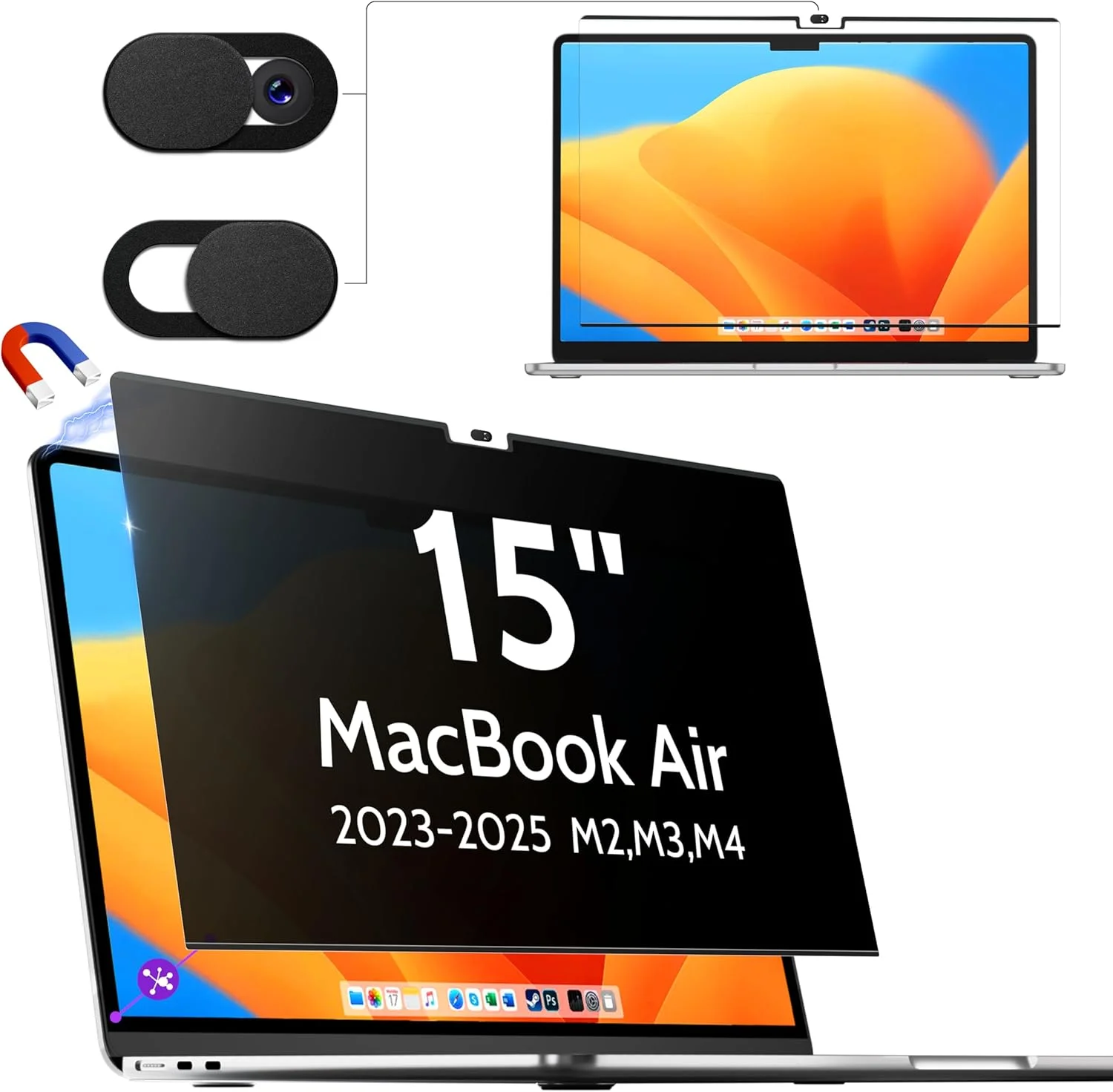 فیلتر حریم خصوصی مغناطیسی برای مک بوک ایر 15 اینچی (2023 – 2025, M2/M3/M4 A2941 A3114)، محافظ صفحه نمایش قابل جدا شدن ضد نور جاسوسی، فیلتر صفحه نمایش مک ایر 15 اینچی (38,1 سانتی متر) لپ تاپ