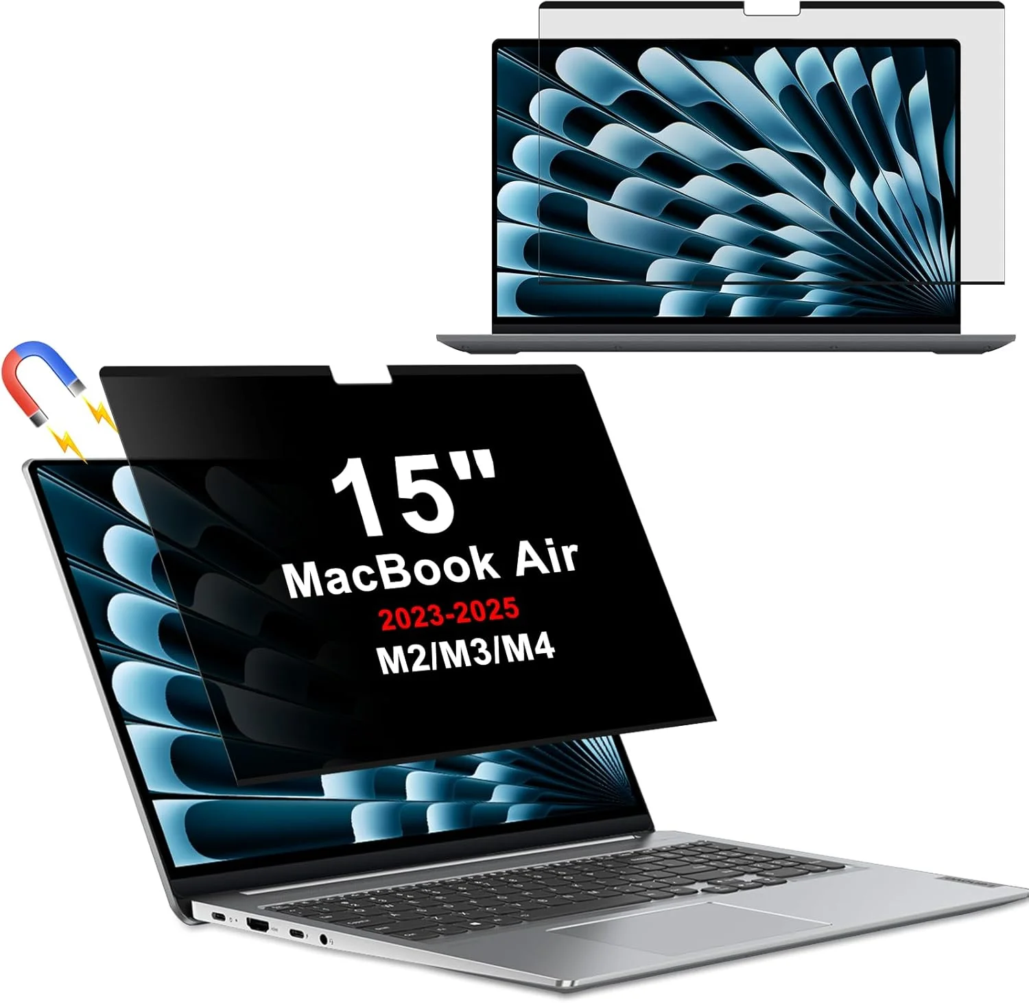 محافظ حریم خصوصی مغناطیسی لپ تاپ برای مک بوک ایر 15 اینچ 2025 2024 2023 (M4/M3/M2)، محافظ صفحه نمایش PET، محافظ ضد نور آبی، فیلم ضد جاسوسی قابل جابجایی برای مک بوک ایر 15"