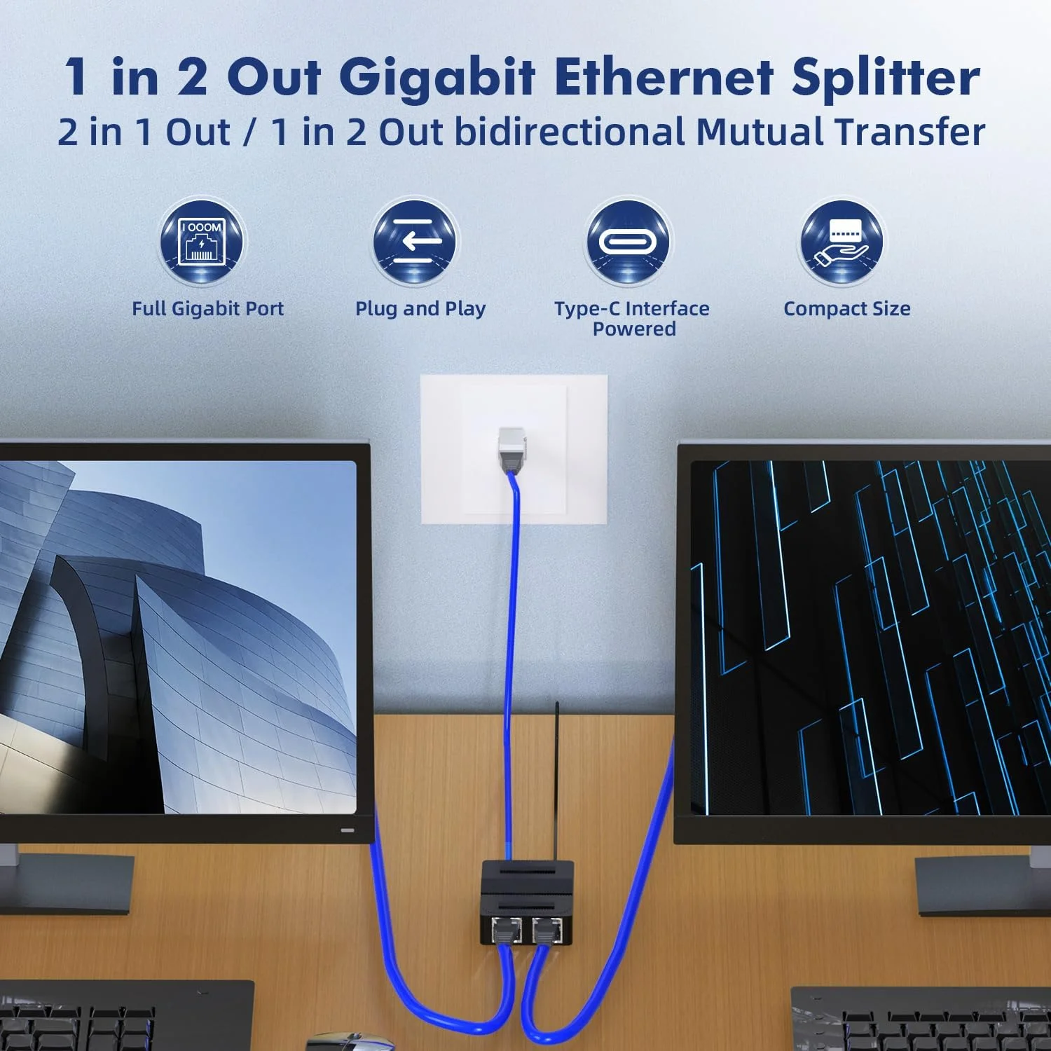 اسپلیتر شبکه گیگابیتی Binardat 1 به 2، سوئیچ اترنت گیگابیتی 3 پورت، منبع تغذیه Type-C، سایز مینی، نصب آسان