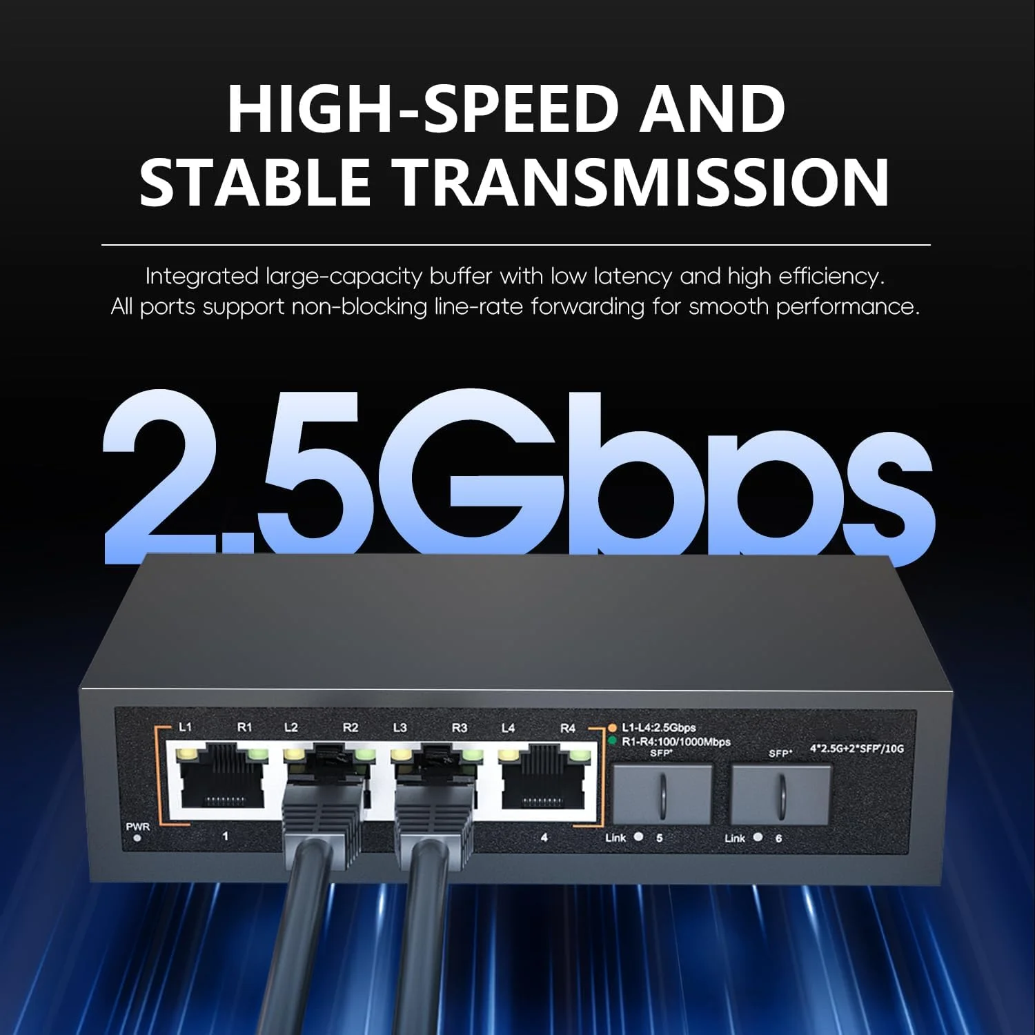 سوئیچ شبکه غیر مدیریتی 6 پورت 2.5 گیگابیتی اترنت | 4 پورت 2.5 گیگابیت | 2 پورت 10G SFP+ | سازگار با 100/1000/2500Mbps | Plug & Play | سوئیچ فلزی بدون فن برای AP بی سیم، NAS، PC