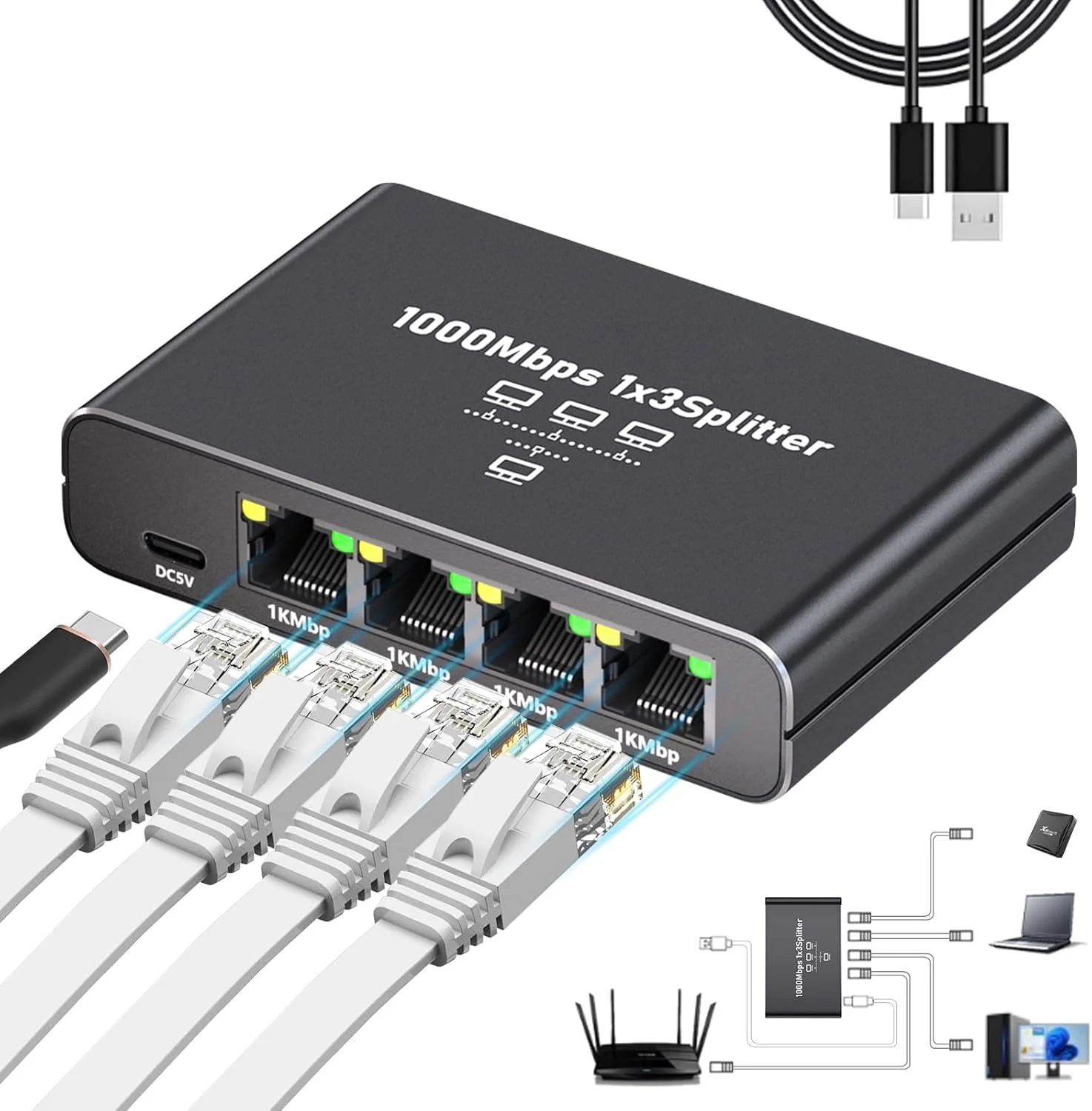 اسپلیتر اترنت گیگابیتی 1 به 3 - پورت افزایش دهنده RJ45 با سرعت 1000 مگابیت بر ثانیه با برق USB-C، سوئیچ شبکه Plug & Play برای کابل های Cat5/5e/6/7/8، سوئیچ LAN با سرعت بالا 1 ورودی 3 خروجی برای لپ تاپ و کامپیوتر