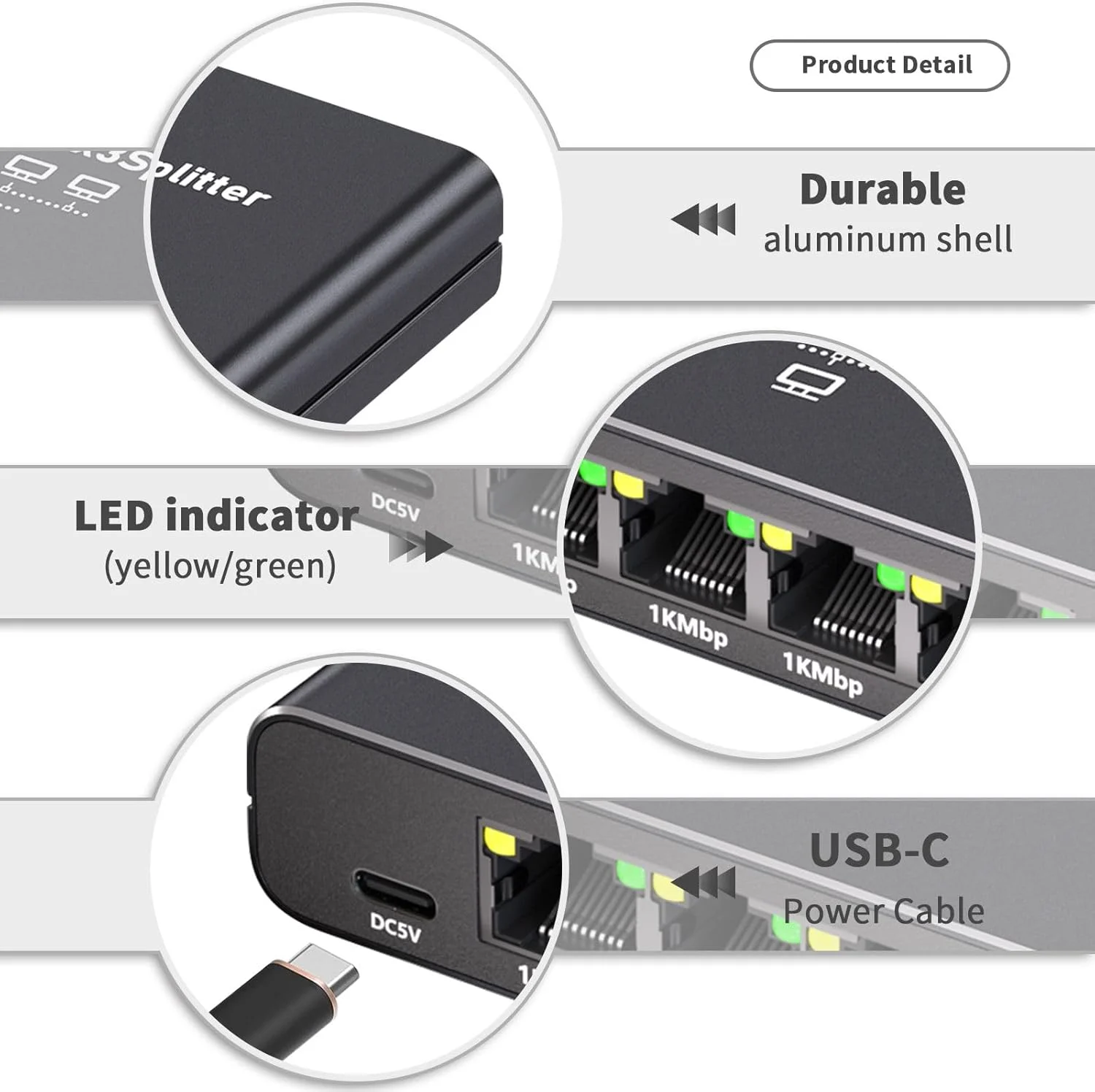 اسپلیتر اترنت گیگابیتی 1 به 3 - پورت افزایش دهنده RJ45 با سرعت 1000 مگابیت بر ثانیه با برق USB-C، سوئیچ شبکه Plug & Play برای کابل های Cat5/5e/6/7/8، سوئیچ LAN با سرعت بالا 1 ورودی 3 خروجی برای لپ تاپ و کامپیوتر