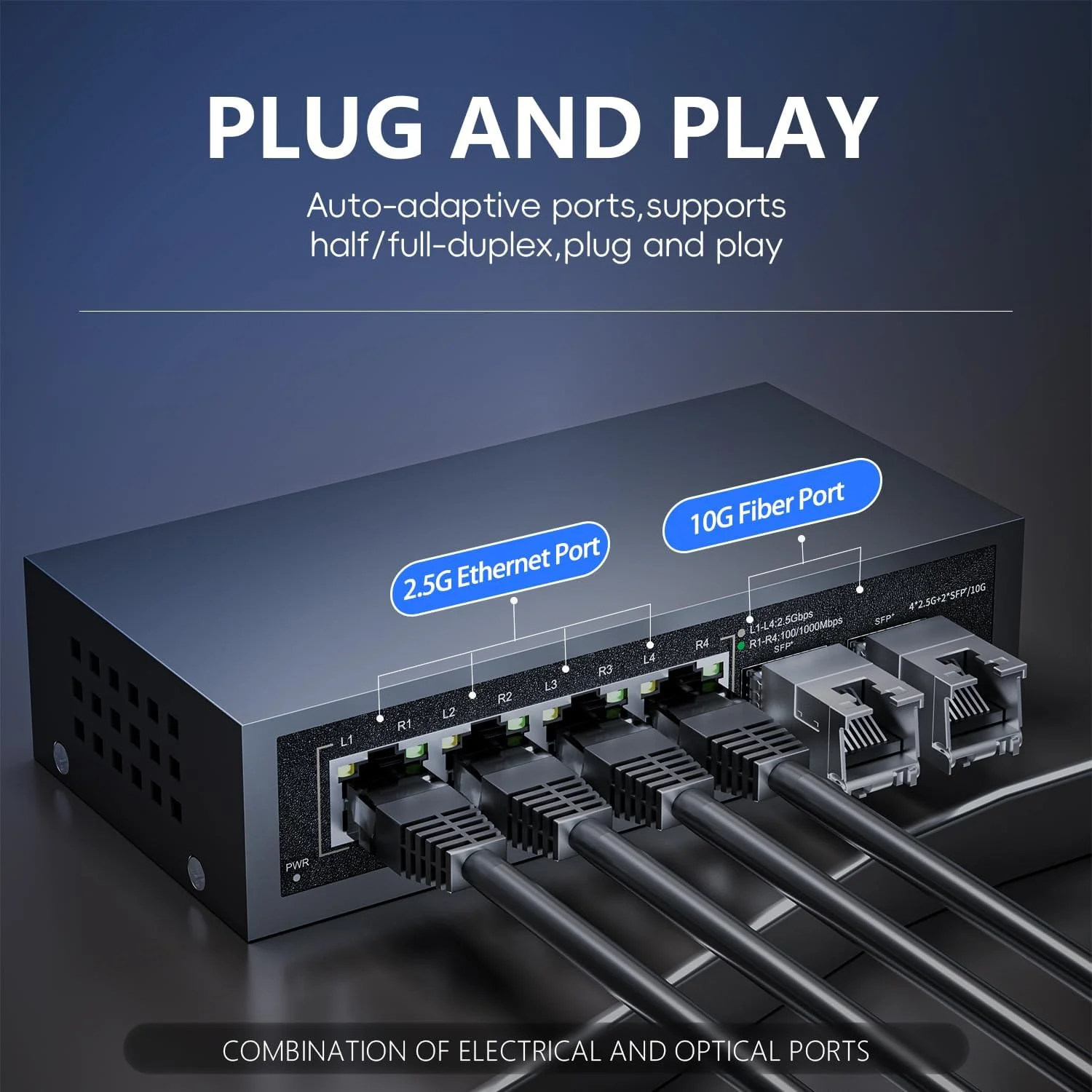 سوئیچ شبکه غیر مدیریتی 6 پورت 2.5 گیگابیتی اترنت | 4 پورت 2.5 گیگابیت | 2 پورت 10G SFP+ | سازگار با 100/1000/2500Mbps | Plug & Play | سوئیچ فلزی بدون فن برای AP بی سیم، NAS، PC