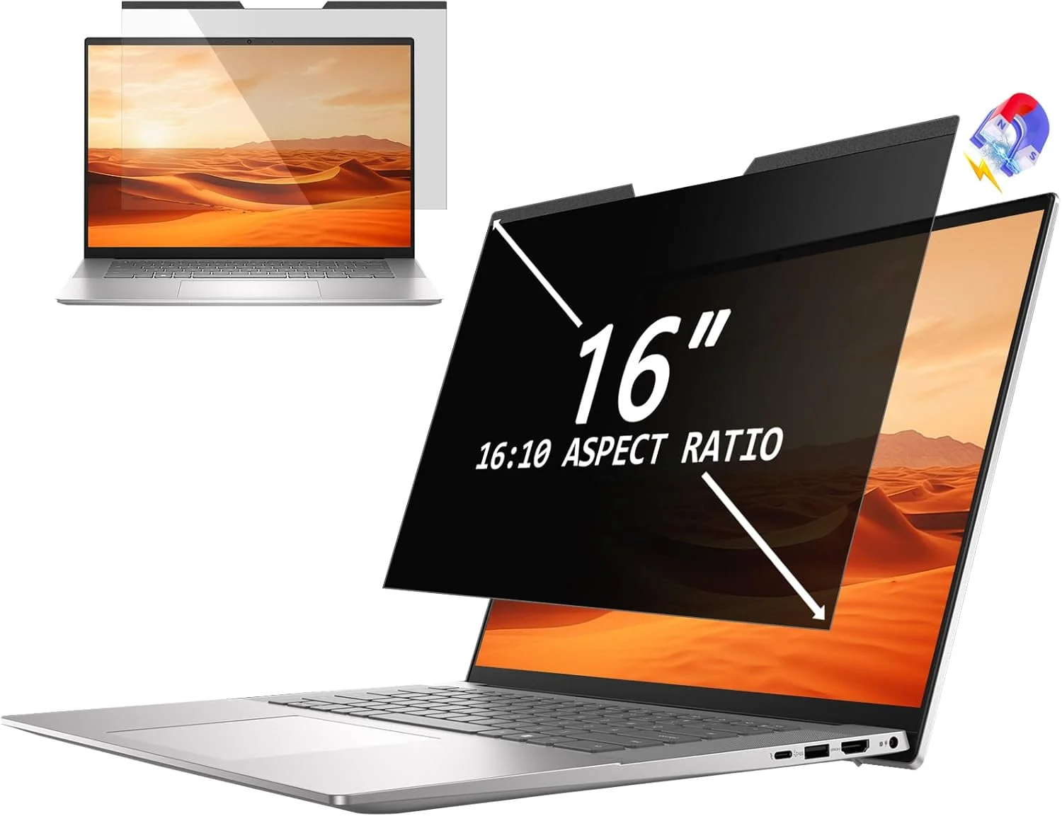 محافظ صفحه نمایش مغناطیسی لپ تاپ 16 اینچ نسبت تصویر 16:10، ضد نور آبی، ضد تابش، فیلتر حریم خصوصی قابل جدا شدن با آهنرباهای قوی 5 میلی متری