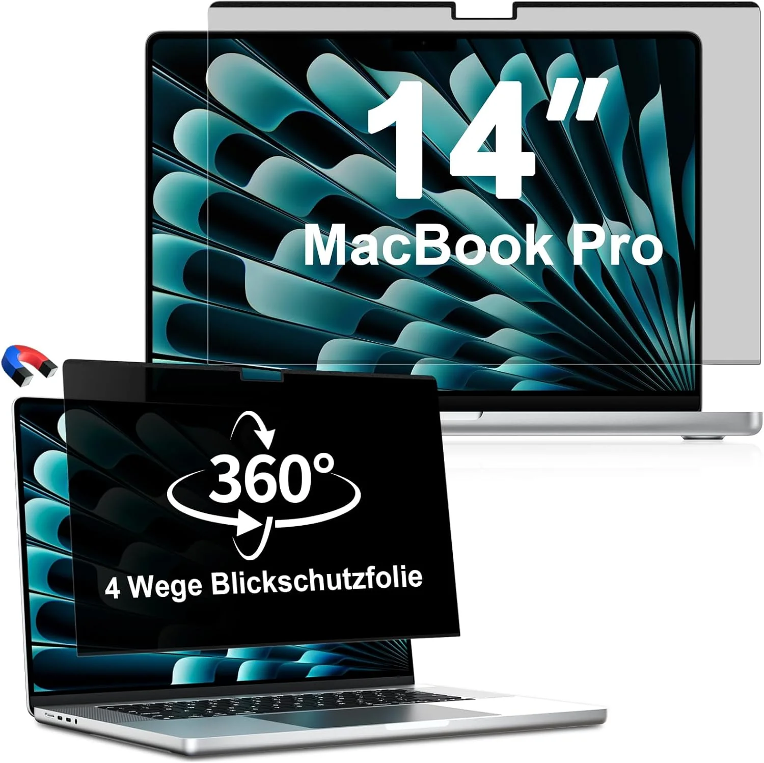 محافظ صفحه نمایش حریم خصوصی مغناطیسی 360 درجه برای مک بوک پرو 14 اینچ (2025-2021، M5 M4 M3 M2 M1)، ضد نور آبی 14.2 اینچ، محافظ صفحه نمایش قابل جابجایی 4 طرفه