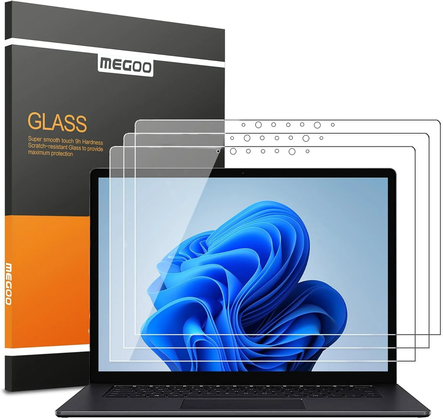محافظ صفحه نمایش MEGOO [3 عدد] برای سرفیس لپ تاپ 5/6/4/3 13.5 اینچی، شیشه حرارت دیده/نصب آسان/فوق العاده شفاف، سازگار با مایکروسافت سرفیس لپ تاپ 4/3/2/1