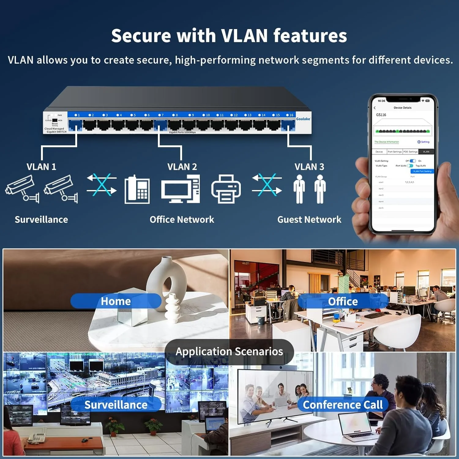 16 Port Gigabit Switch, Easy Smart Managed Ethernet Switch, Network Hub, Ethernet Splitter, Plug & Play, Fanless Metal Design, VLAN, Qos, Desktop or Wall Mount