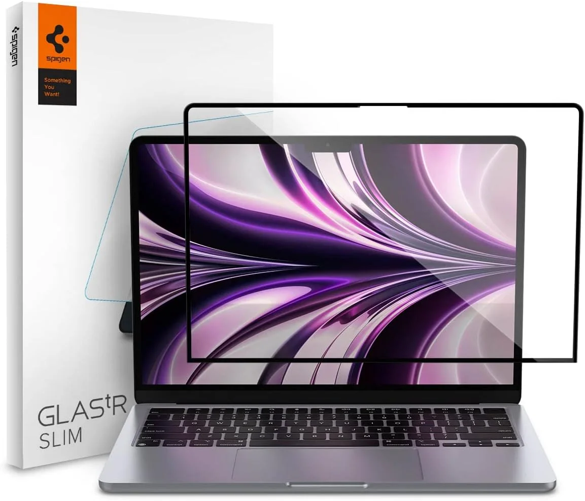 محافظ صفحه نمایش باریک شیشه ای Spigen Glas.tR برای MacBook Air 13 اینچ (M4 2025 / M3 2024 / M2 2022)، شفاف، شیشه 9H، ضد خش، محافظ صفحه