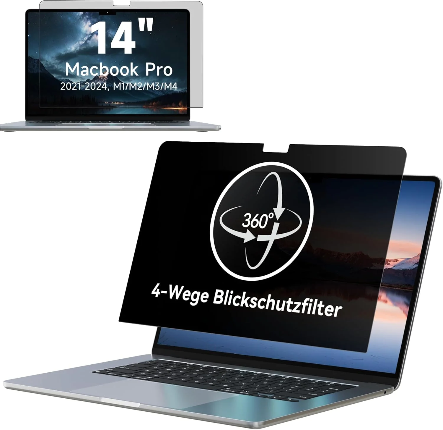 محافظ صفحه نمایش حریم خصوصی 360 درجه ایپروکو برای مک بوک پرو 14 اینچ 2025-2021 (M5/M4/M3/M2/M1)، محافظ صفحه نمایش ضد تابش نور آبی چسبی، فیلتر حریم خصوصی چهار طرفه لپ تاپ