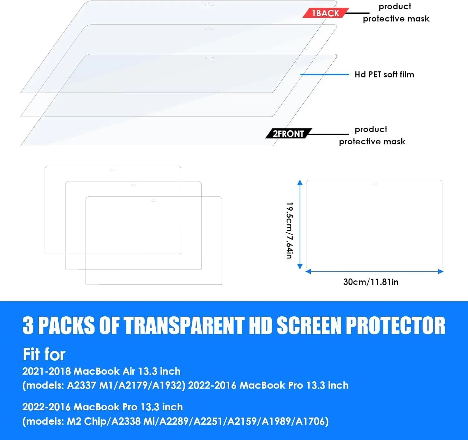 بسته 3 عددی محافظ صفحه نمایش شفاف برای مک بوک ایر 13 اینچ مدل های 2018-2021 با تراشه M1 A2337 A2179 A1932 و مک بوک پرو 13 اینچ مدل های 2016-2022 با تراشه M1 M2 A2889 A2251 A2338 A2159 A1706 A1708