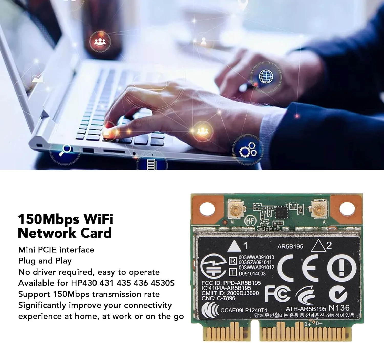 کارت شبکه وایرلس 150 مگابیت بر ثانیه Mini PCIE با قابلیت اتصال آسان، سازگار با مدل های 430 431 435 436 4530S